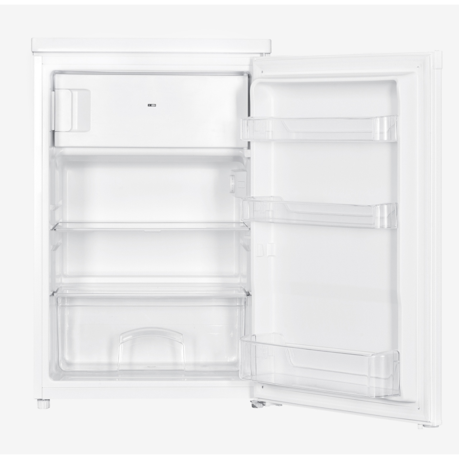 A white refrigerator with the door open, revealing empty shelves and compartments. Clear plastic shelves are visible inside the white interior.