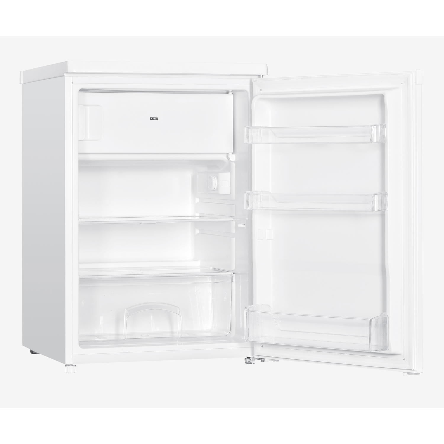 A white mini-fridge with the door open. Inside, there are shelves and a clear plastic container. The door has shelves. The background is white.