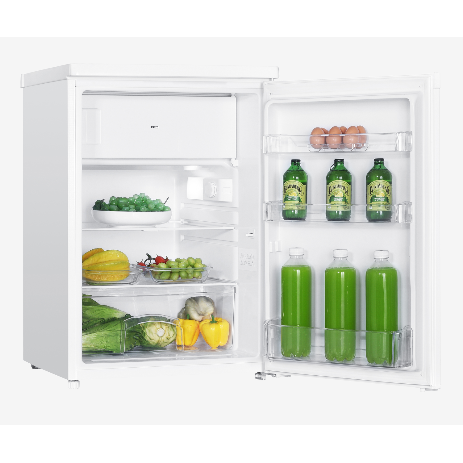 A white refrigerator with the door open, filled with fruits, vegetables, and drinks.