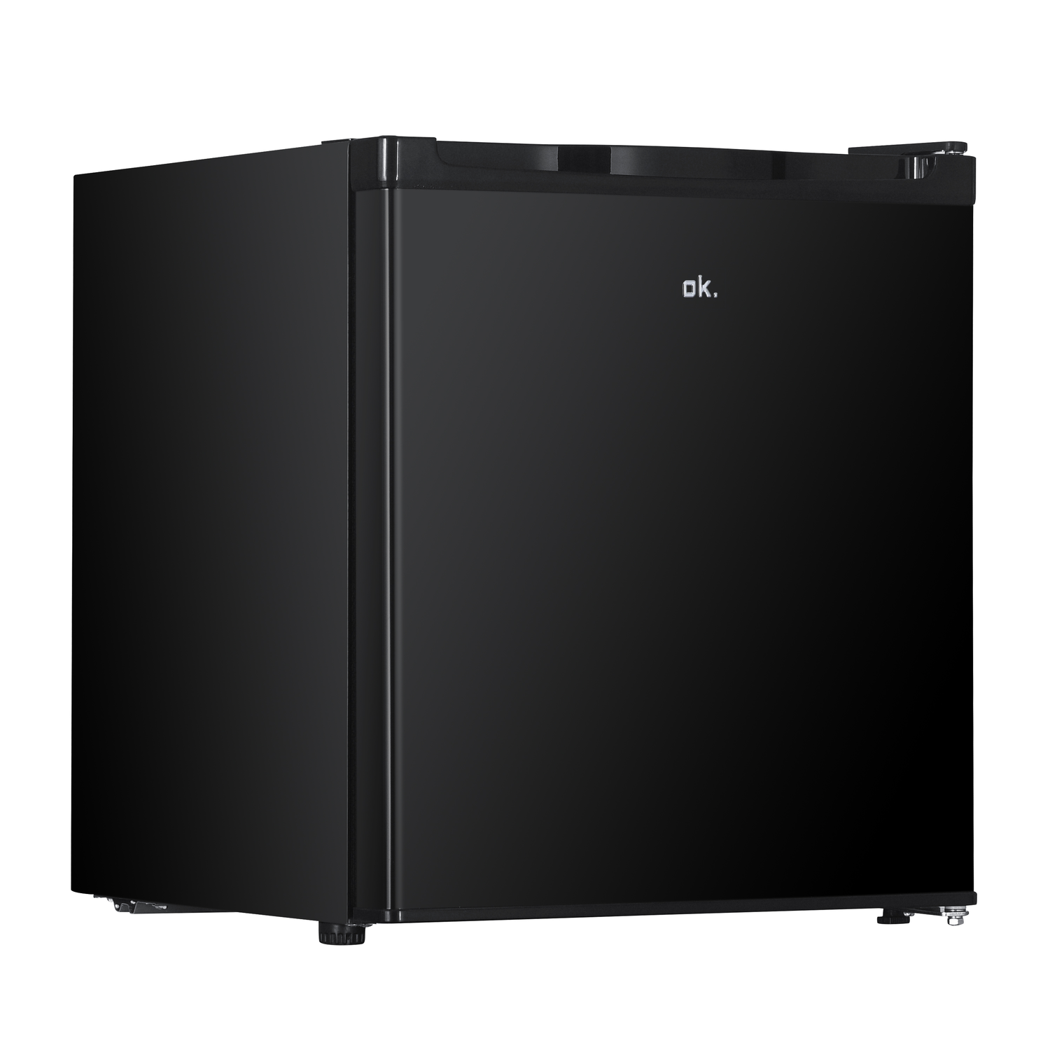 A black mini-fridge stands on a white background. The fridge has the brand name "ok." on the door.