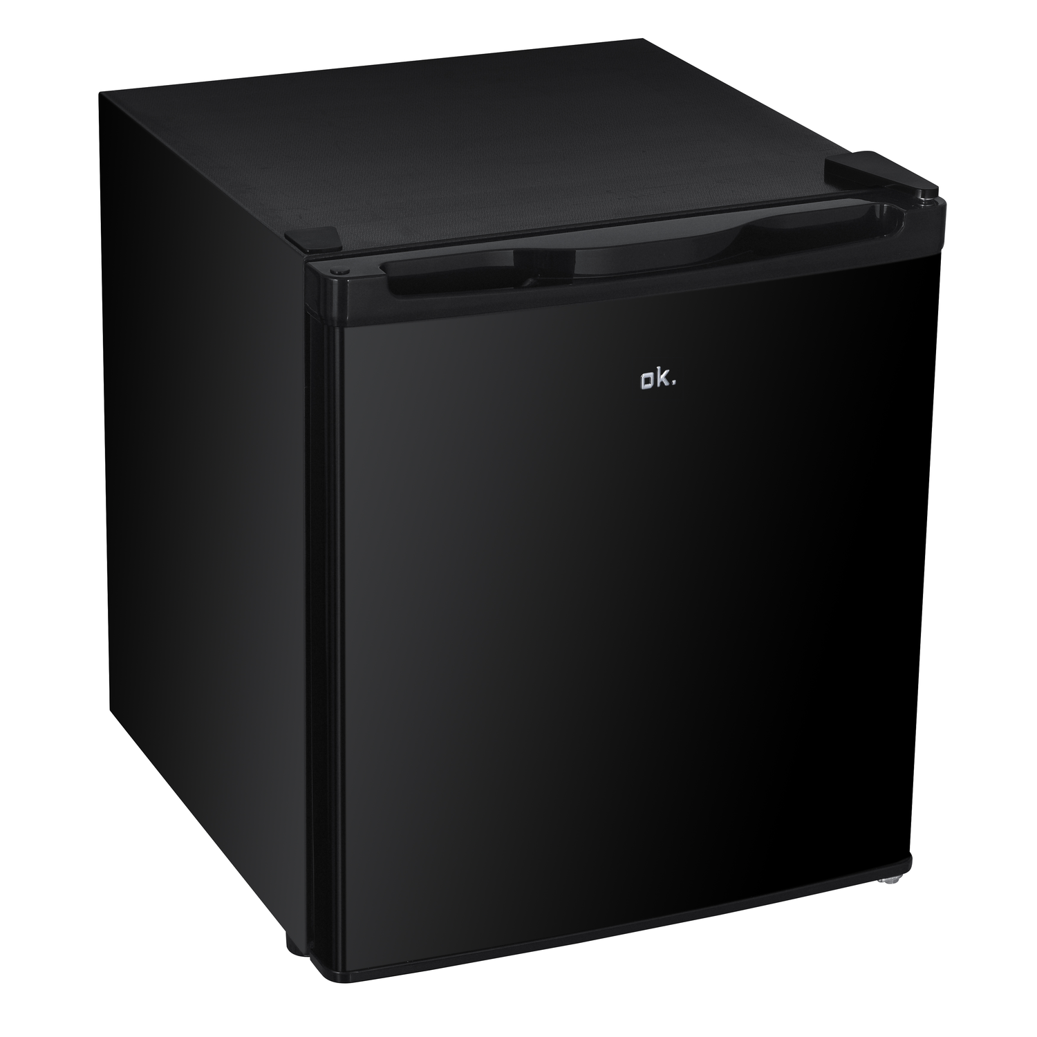 A black mini-fridge with a handle and the text "ok." on the door, set against a white background.