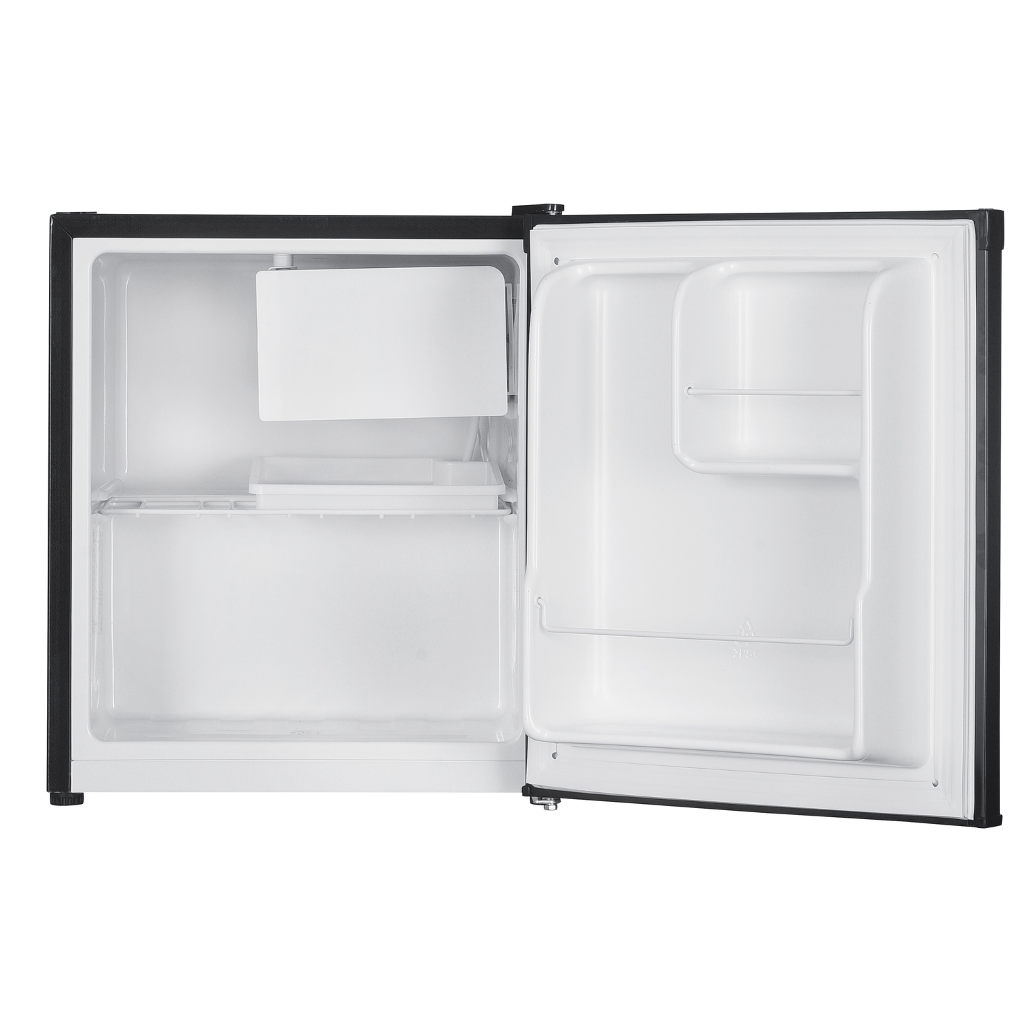 An open mini-fridge with a black exterior and white interior. The door is open, revealing shelves and compartments inside.