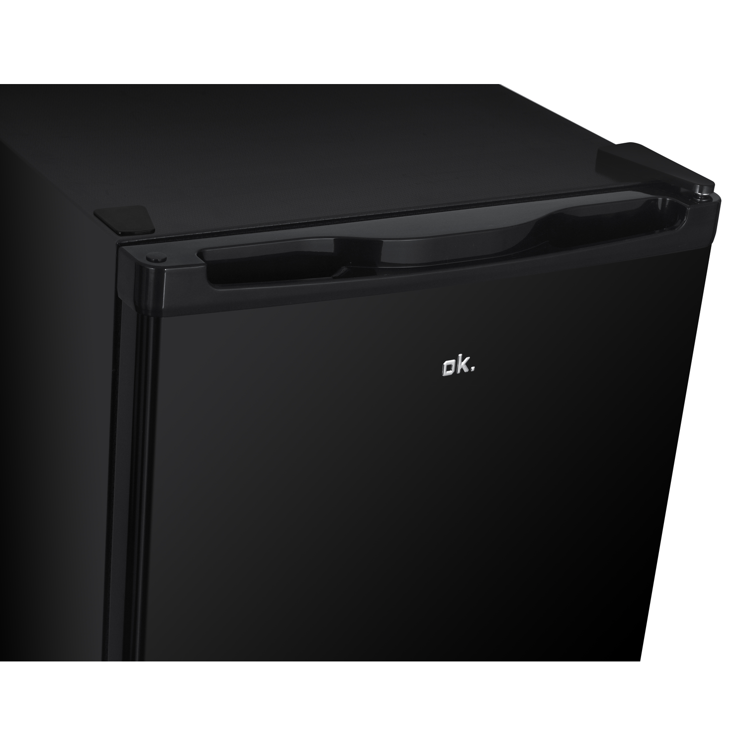 A black refrigerator with a handle and the brand ok.