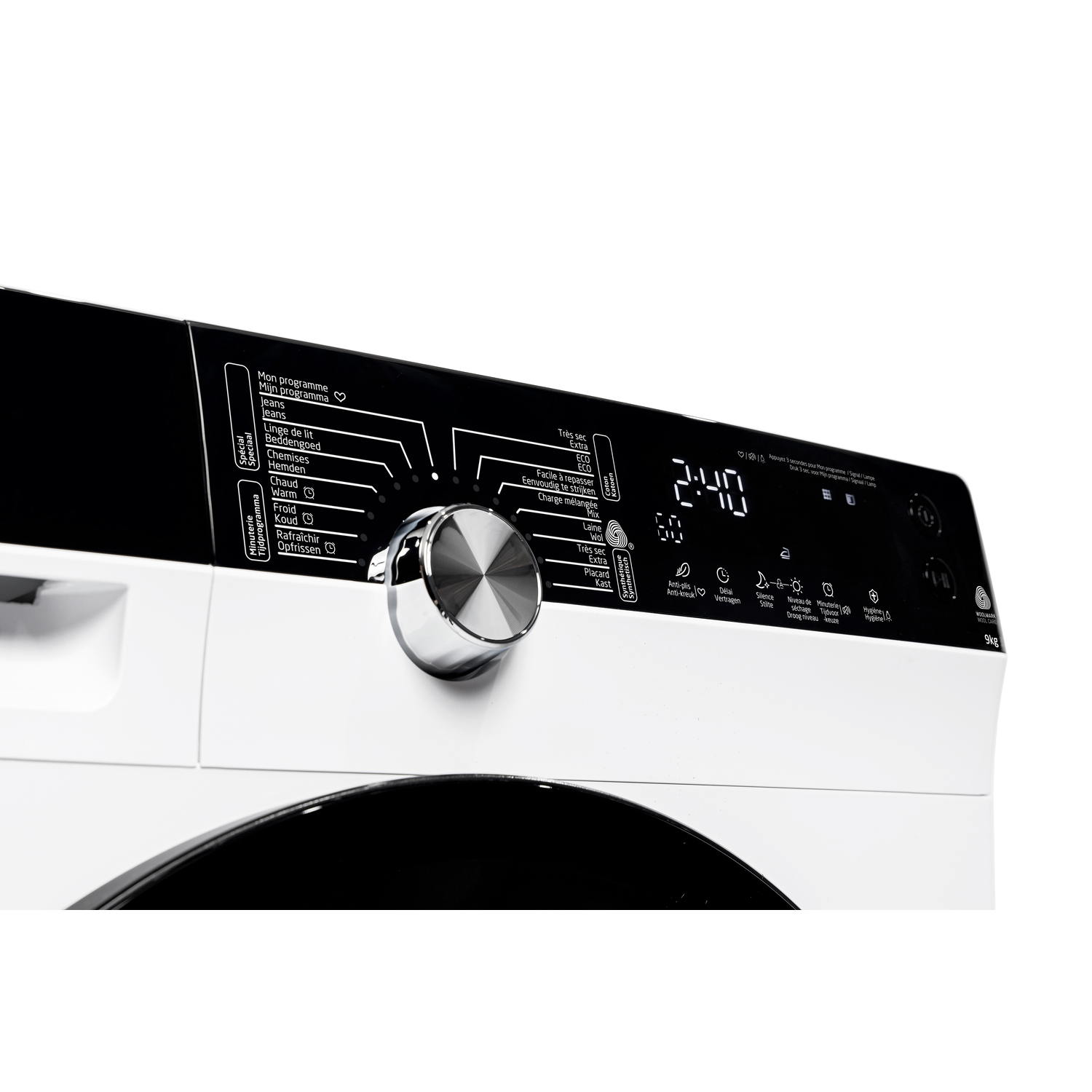 White washing machine control panel with a dial and digital display, black accents, and buttons.