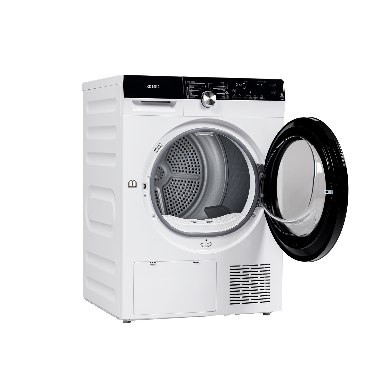 A white dryer with an open black door and a control panel.