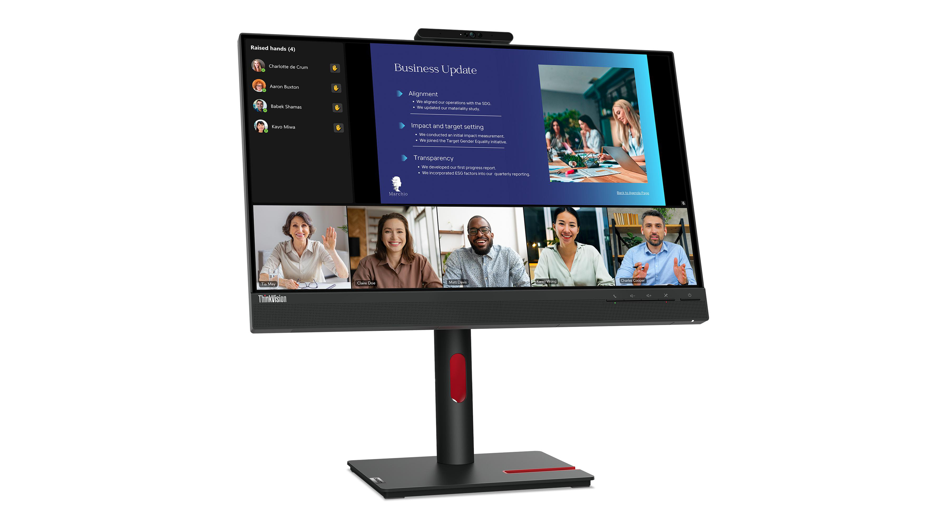 Ein Monitor zeigt ein Business-Update mit einer Videokonferenz. Auf dem Bildschirm sind sechs Personen zu sehen.