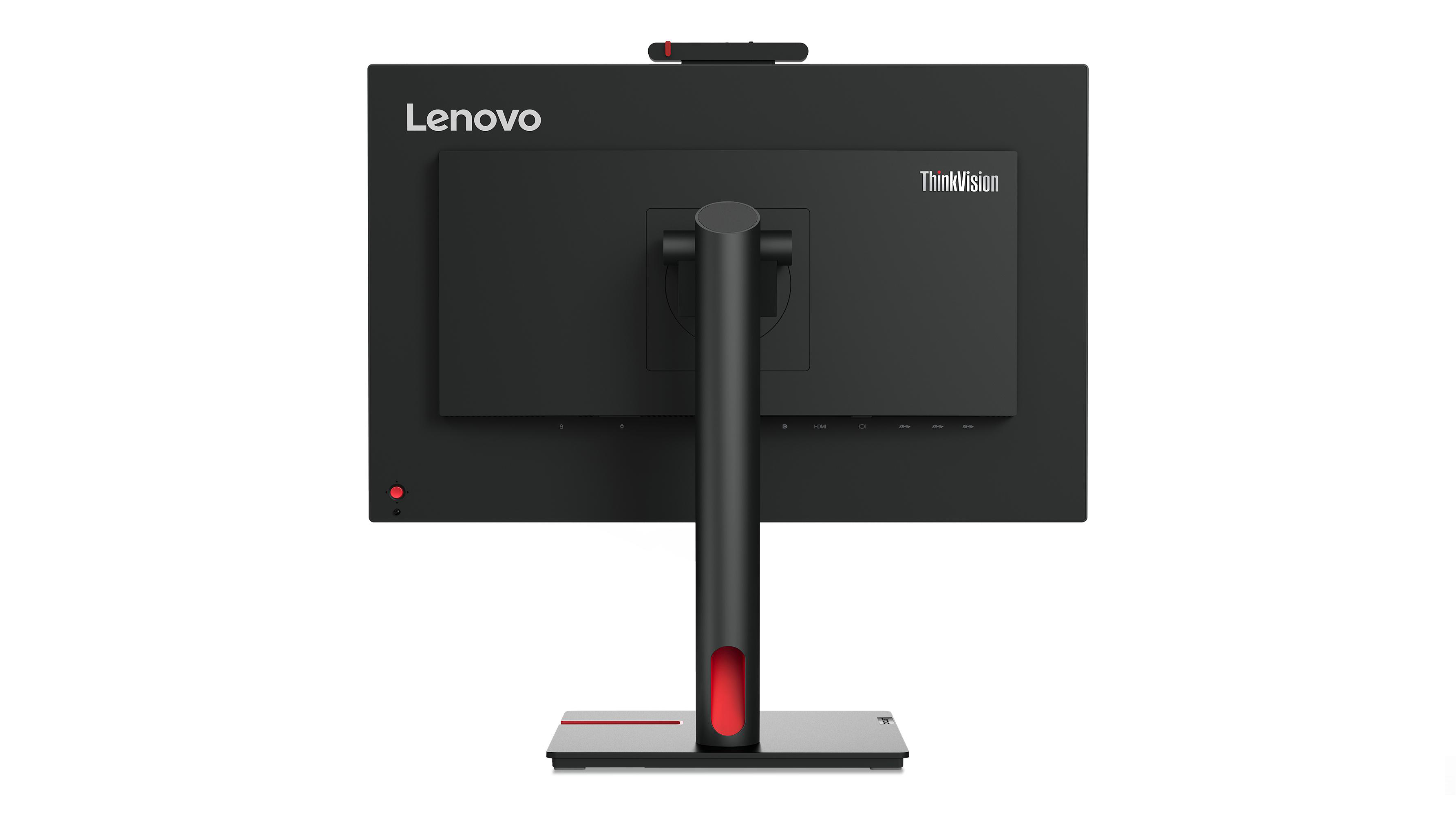 Ein schwarzer Lenovo ThinkVision Monitor von hinten. Er hat einen Ständer mit rotem Akzent und eine Webcam oben.