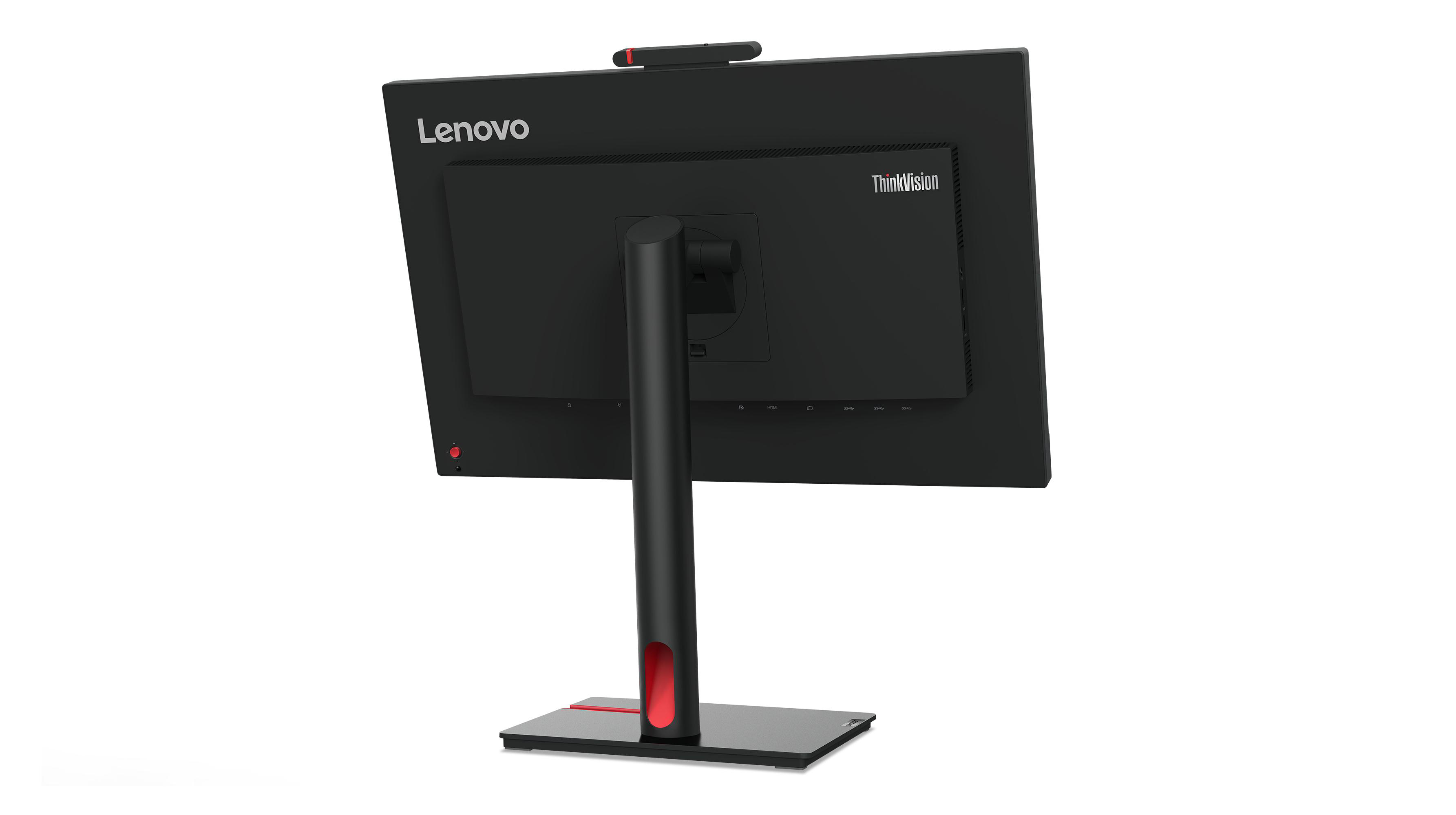 Rückansicht eines schwarzen Lenovo ThinkVision Monitors mit rotem Akzent.