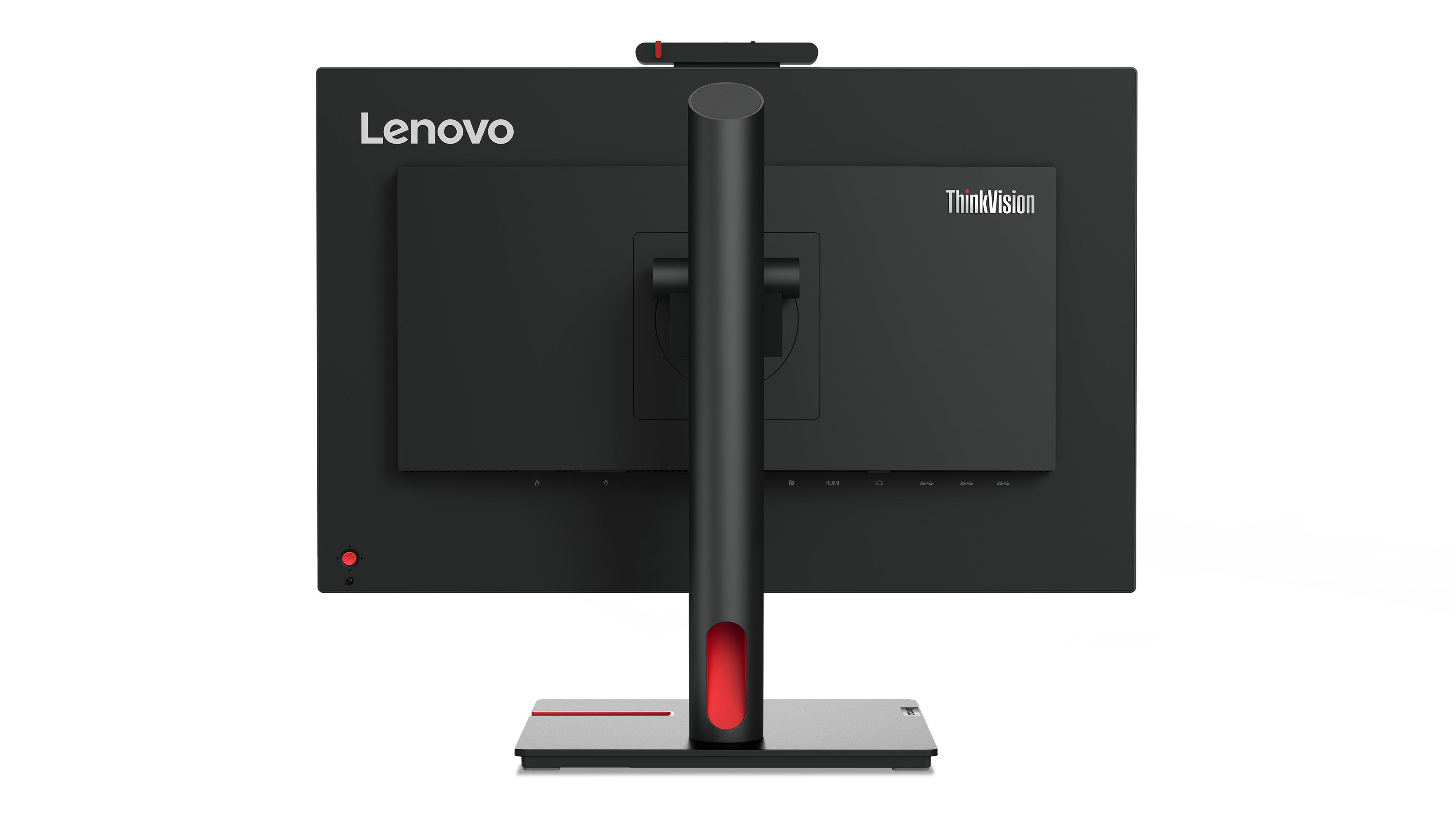 Rückseite eines Lenovo ThinkVision Monitors. Schwarzer Bildschirm mit Ständer, roten Akzenten und Lenovo- und ThinkVision-Logos.