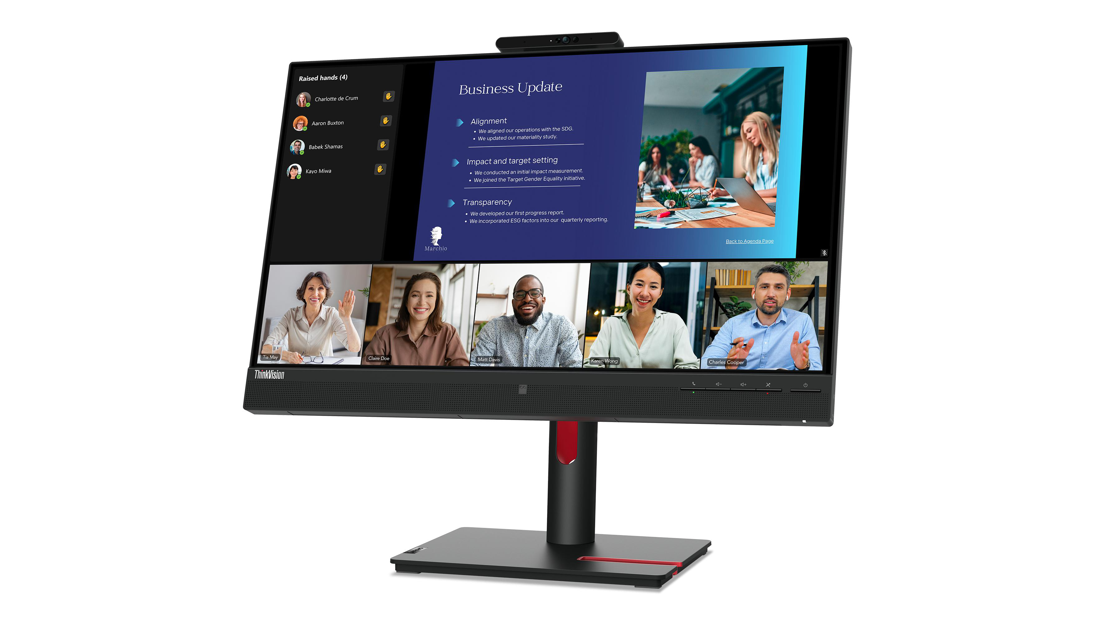 Ein Monitor zeigt ein Business-Update mit einer Videokonferenz. Mehrere Personen sind im Video zu sehen.