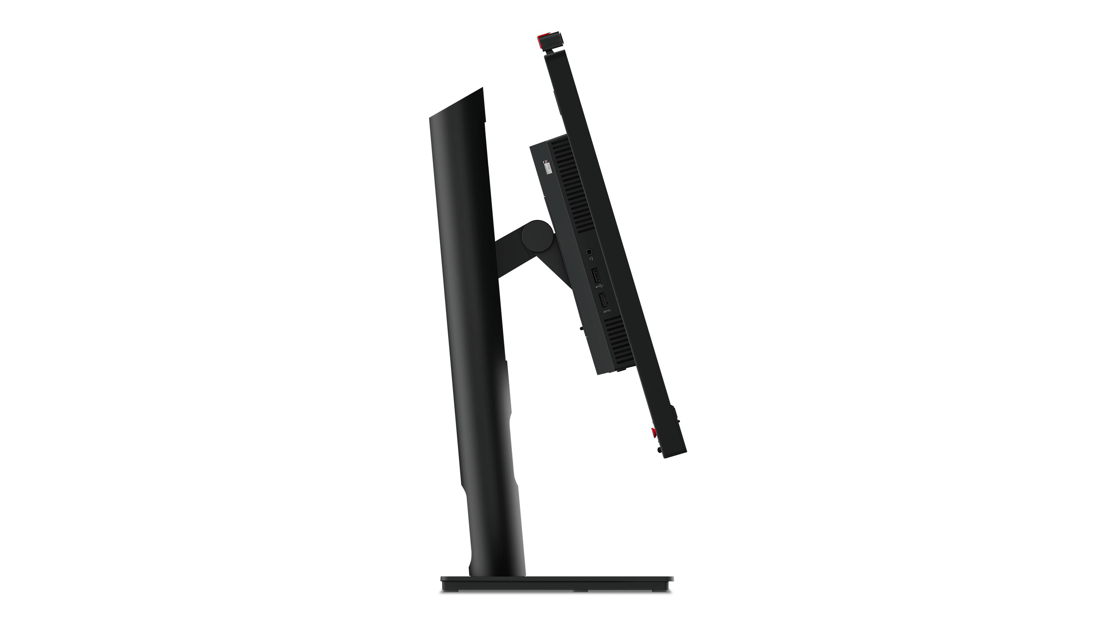 Seitenansicht eines Monitorbildschirms. Der Monitor ist schwarz und hat einen roten Akzent am Ständer.
