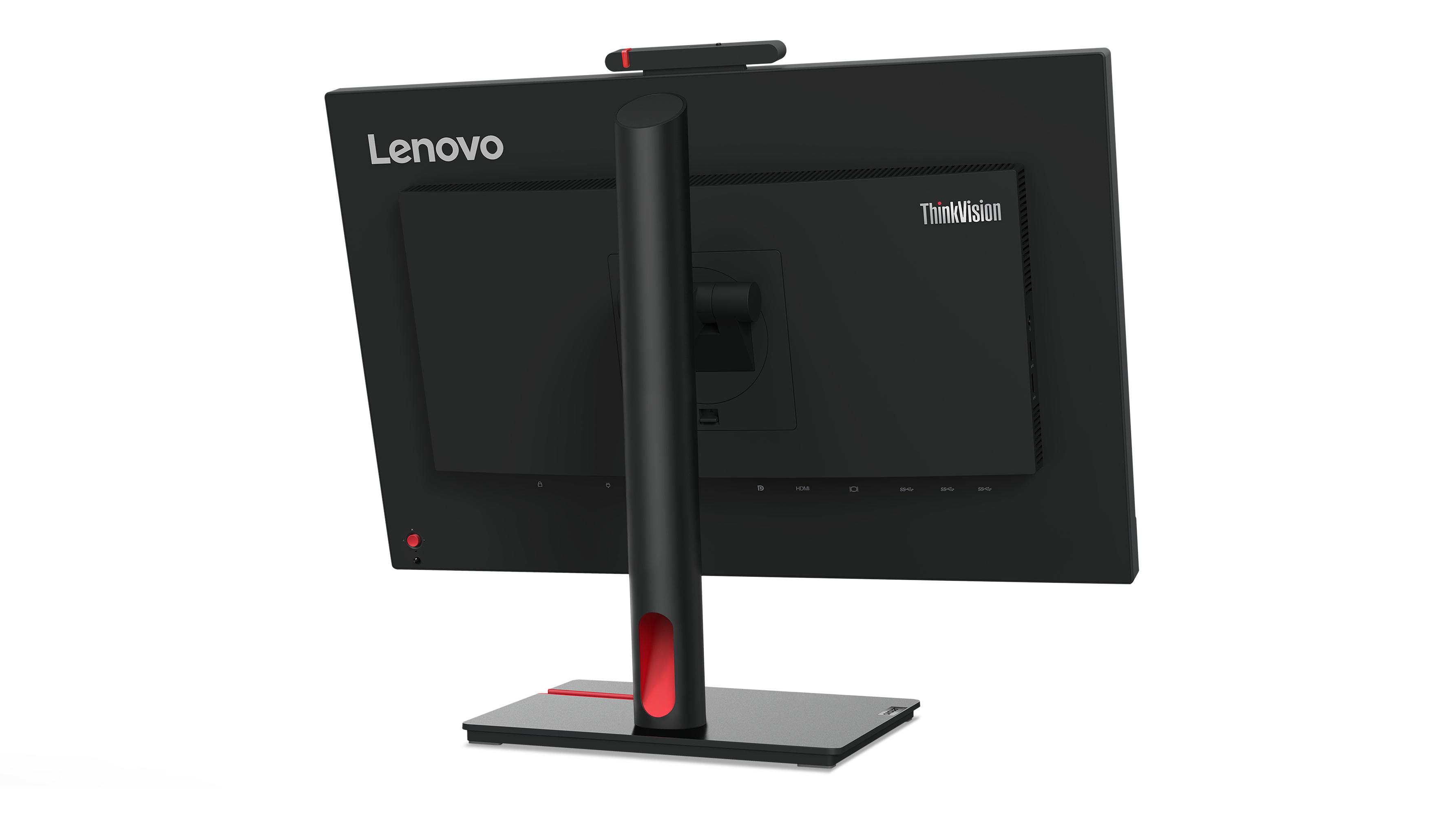 Die Rückseite eines schwarzen Lenovo ThinkVision-Monitors ist abgebildet. Er hat einen roten Einschaltknopf und einen schwarzen Ständer mit rotem Akzent.
