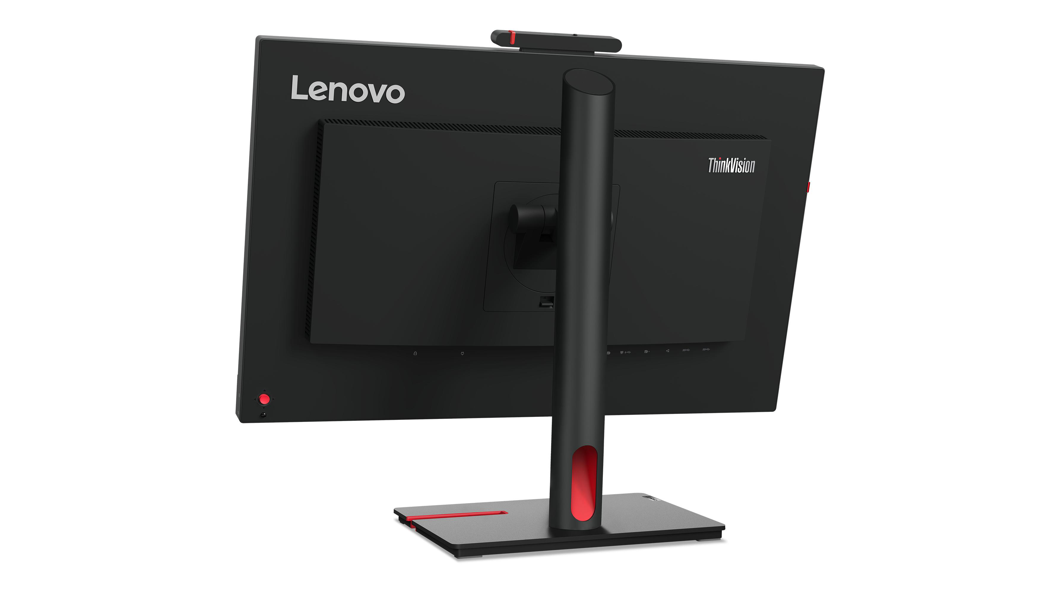 Ein schwarzer Lenovo ThinkVision Monitor wird von hinten gezeigt. Er hat einen roten Akzent am Ständer und eine Webcam oben. Der Hintergrund ist weiß.
