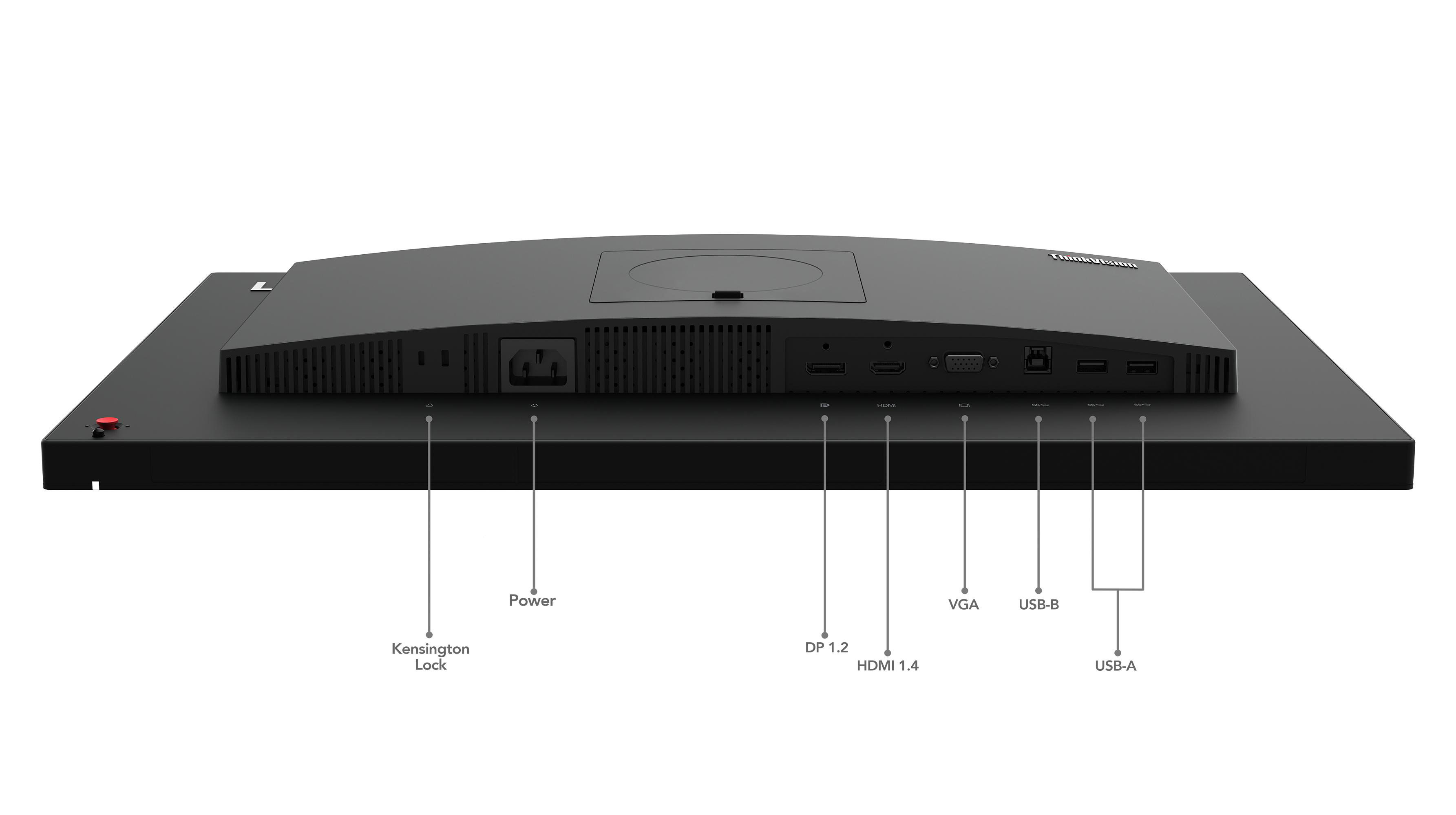 Nahaufnahme der Rückseite des Monitors. Anschlüsse für Strom, USB, HDMI und andere Verbindungen sind sichtbar.