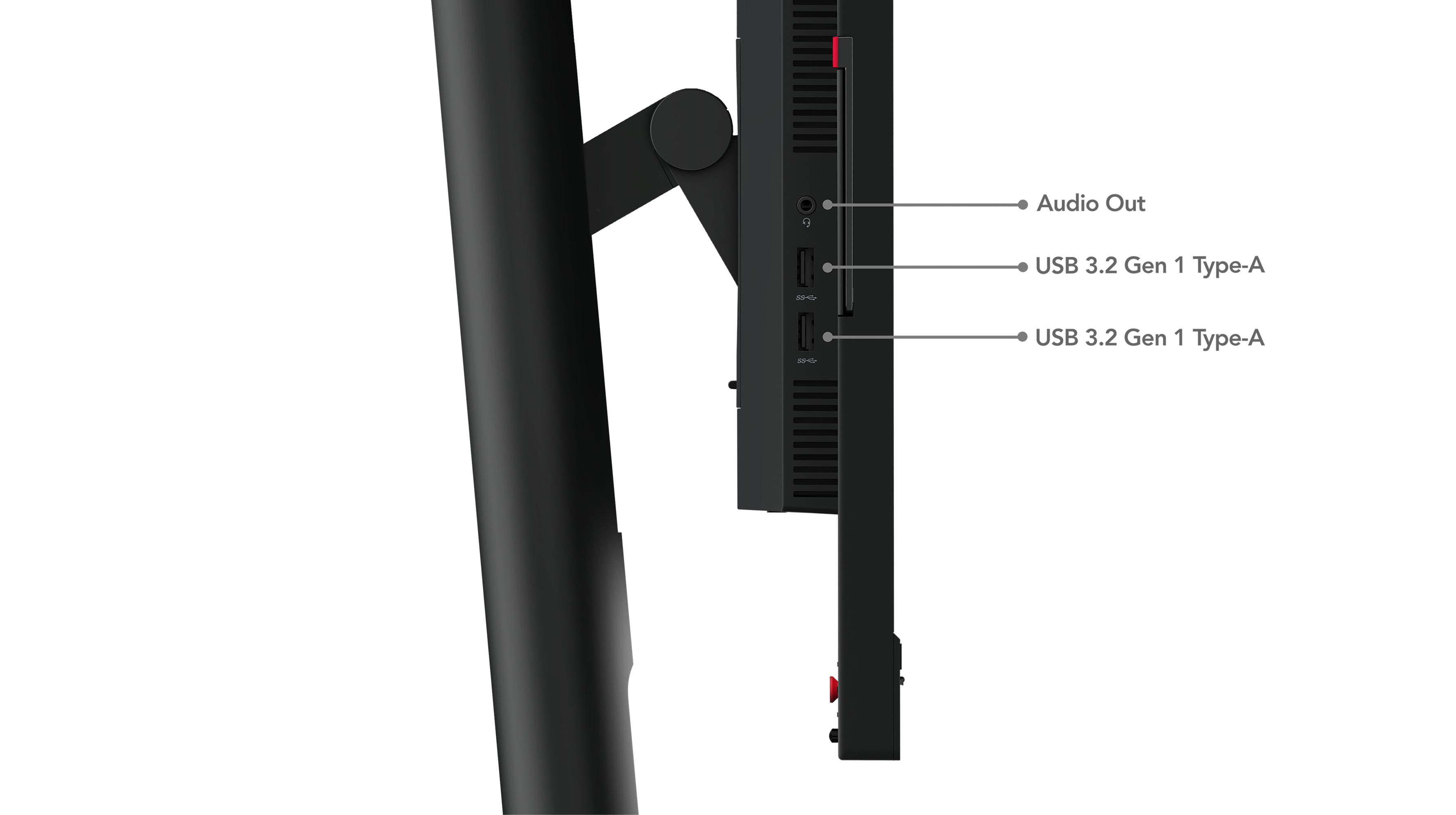 Nahaufnahme der Seite des Monitors. USB- und Audioausgänge sind sichtbar.