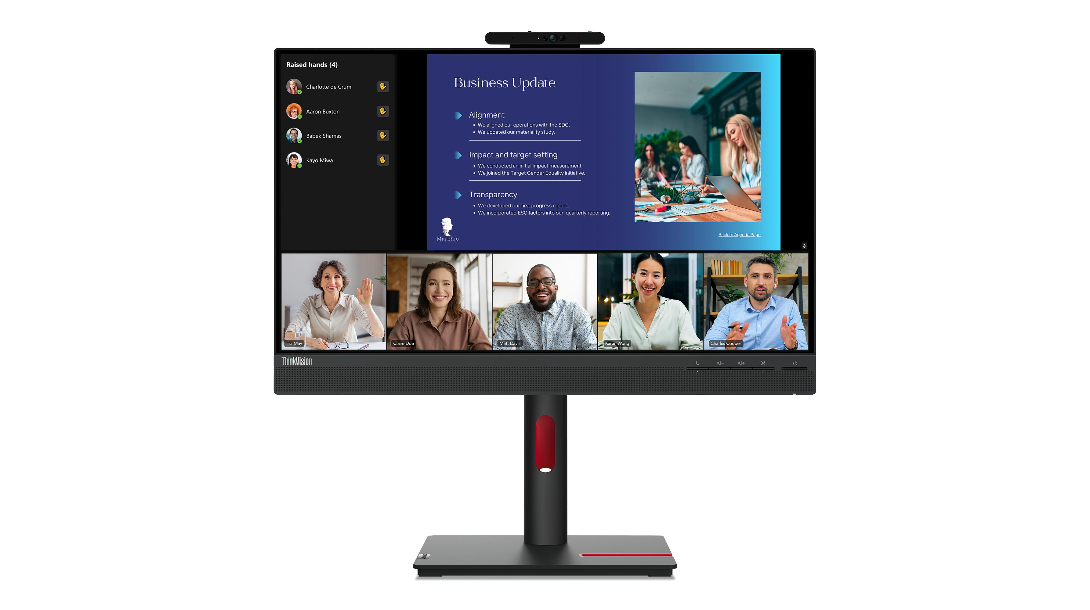 Ein großer Monitor zeigt eine Videokonferenz mit mehreren Teilnehmern.