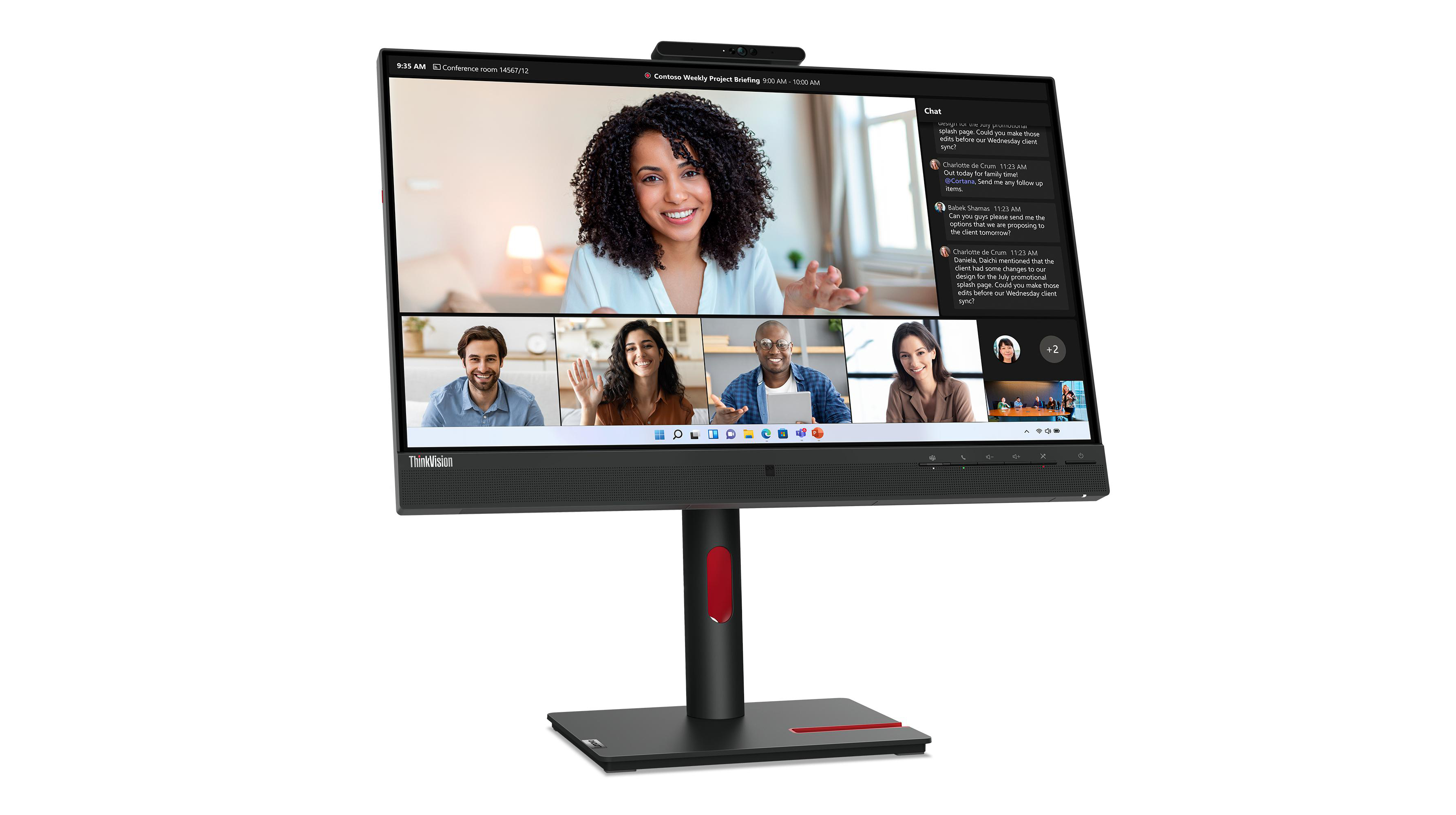 Desktop-Monitor mit Videoanruf auf dem Bildschirm. Fünf Personen sind im Anruf. Der Monitor ist schwarz mit rotem Sockel.