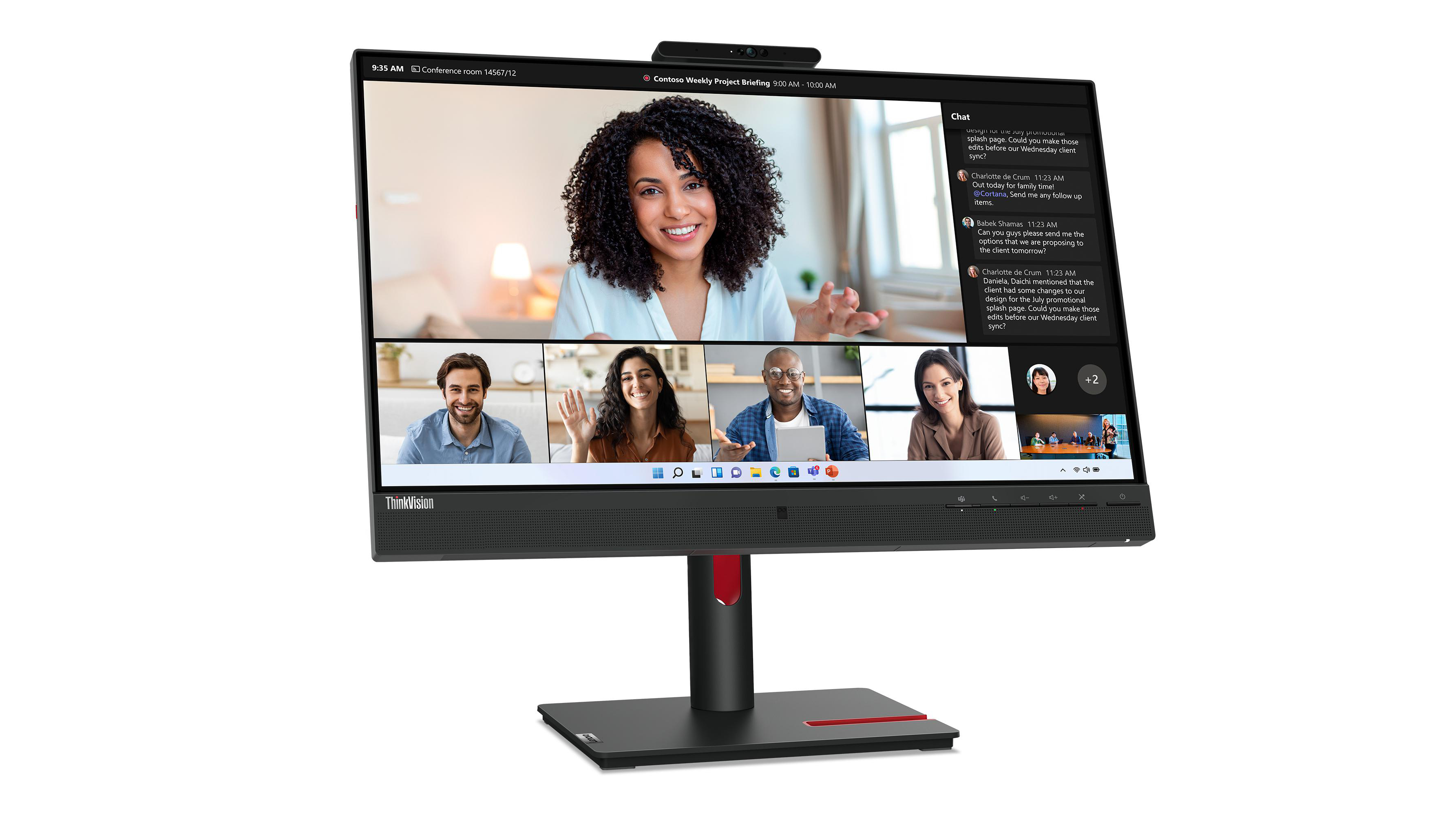 Desktop-Monitor mit Videoanruf. Fünf Personen sind im Anruf. Der Monitor ist schwarz mit rotem Sockel.