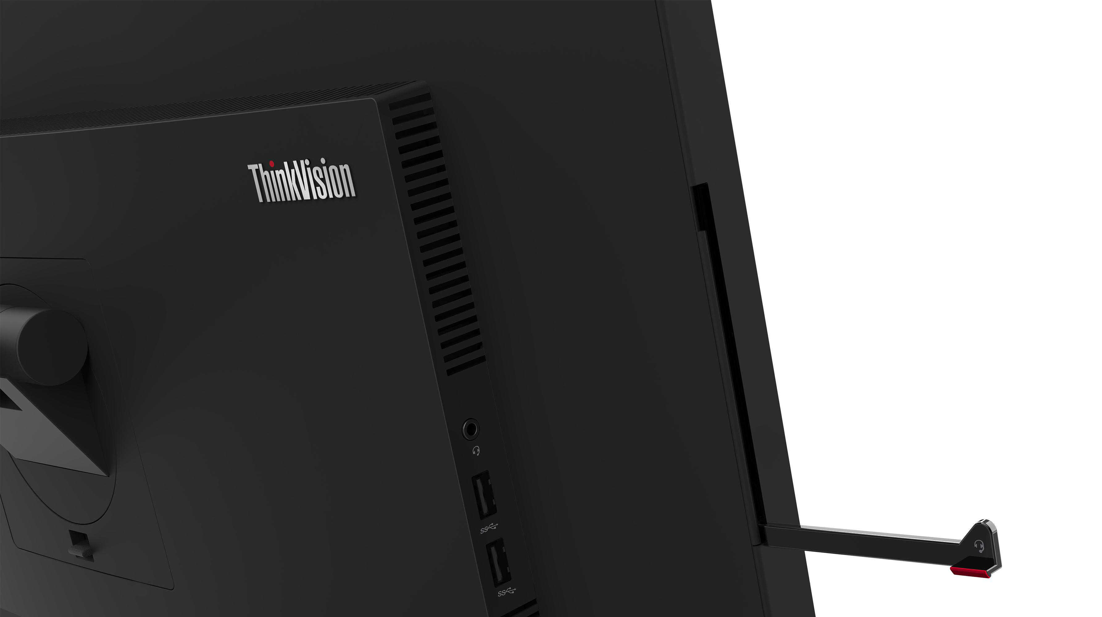 Rückseite eines schwarzen ThinkVision-Monitors mit Anschlüssen und Ständer.