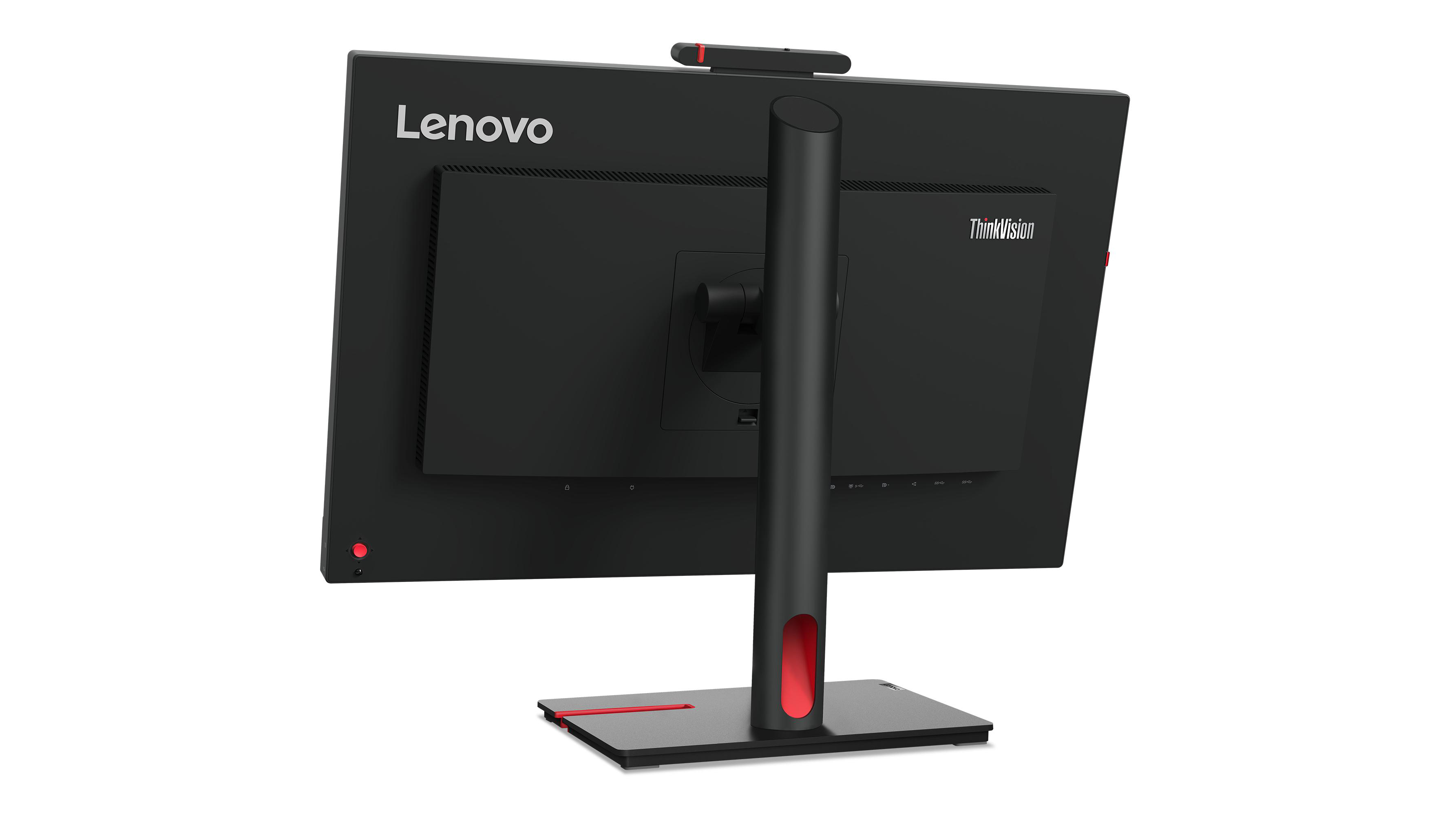 Rückansicht eines schwarzen Monitors mit rotem Sockel. Das Lenovo-Logo ist sichtbar. ThinkVision ist auch geschrieben.