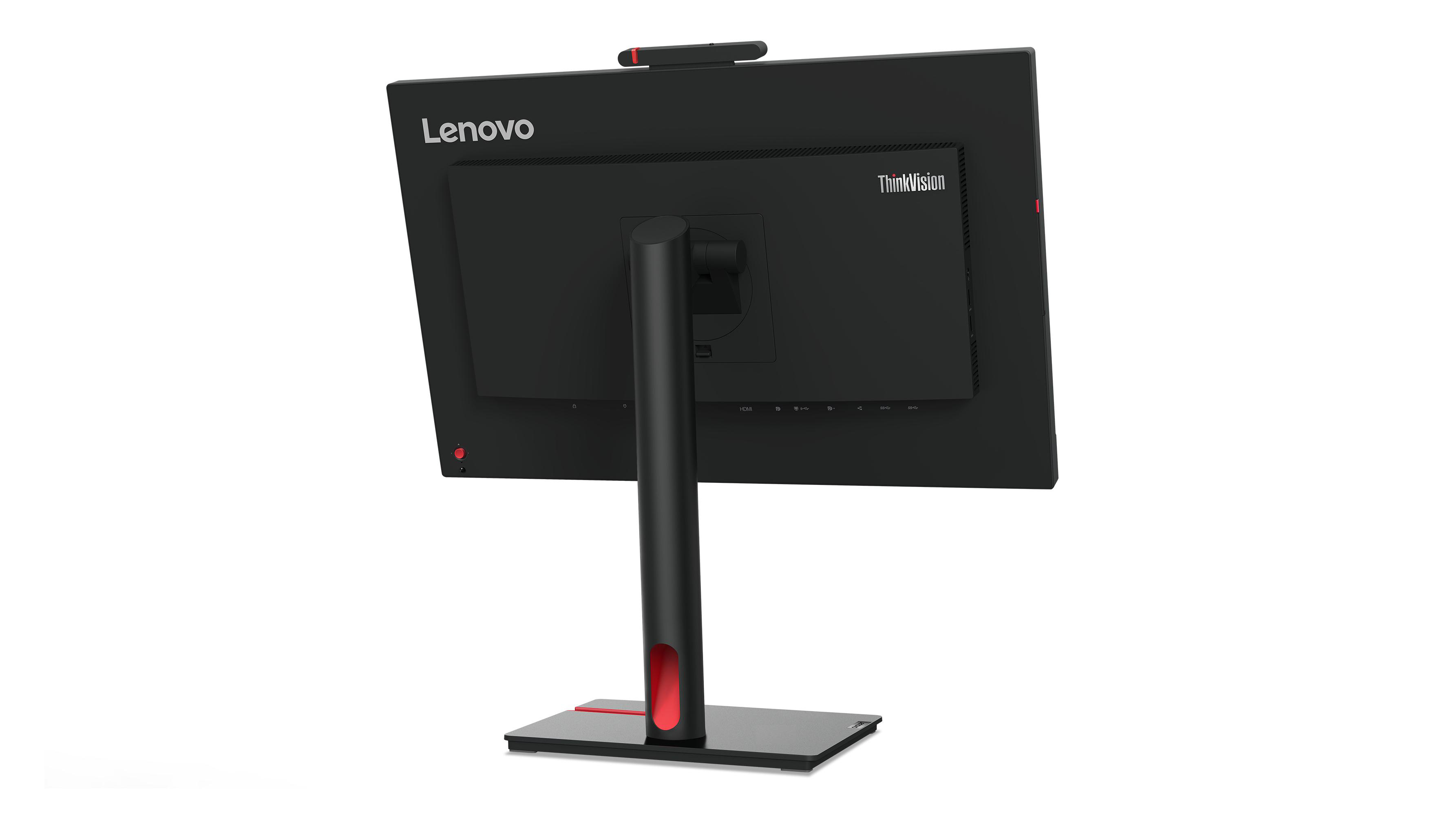 Rückansicht des Lenovo ThinkVision Monitors, mit Ständer und sichtbaren Anschlüssen.