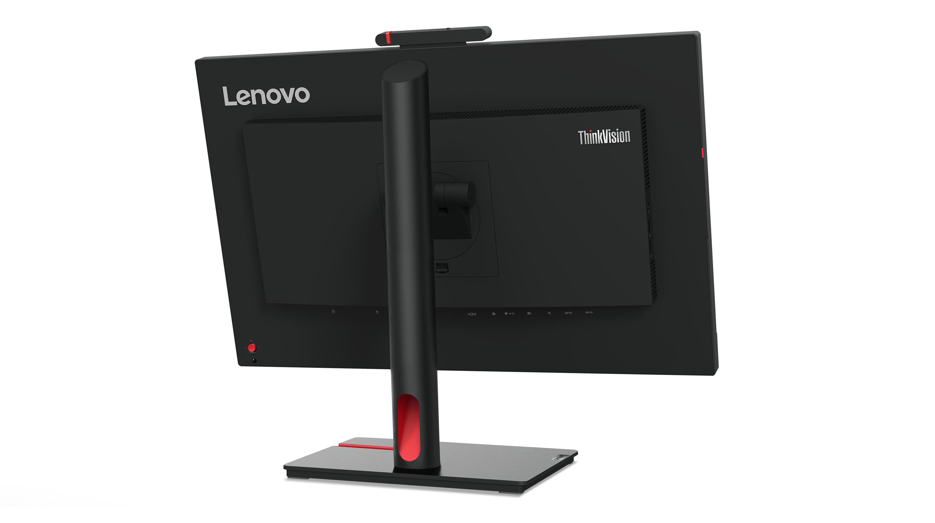 Schwarzer Lenovo-Monitor, Rückansicht, mit rotem Ständer und Webcam oben.