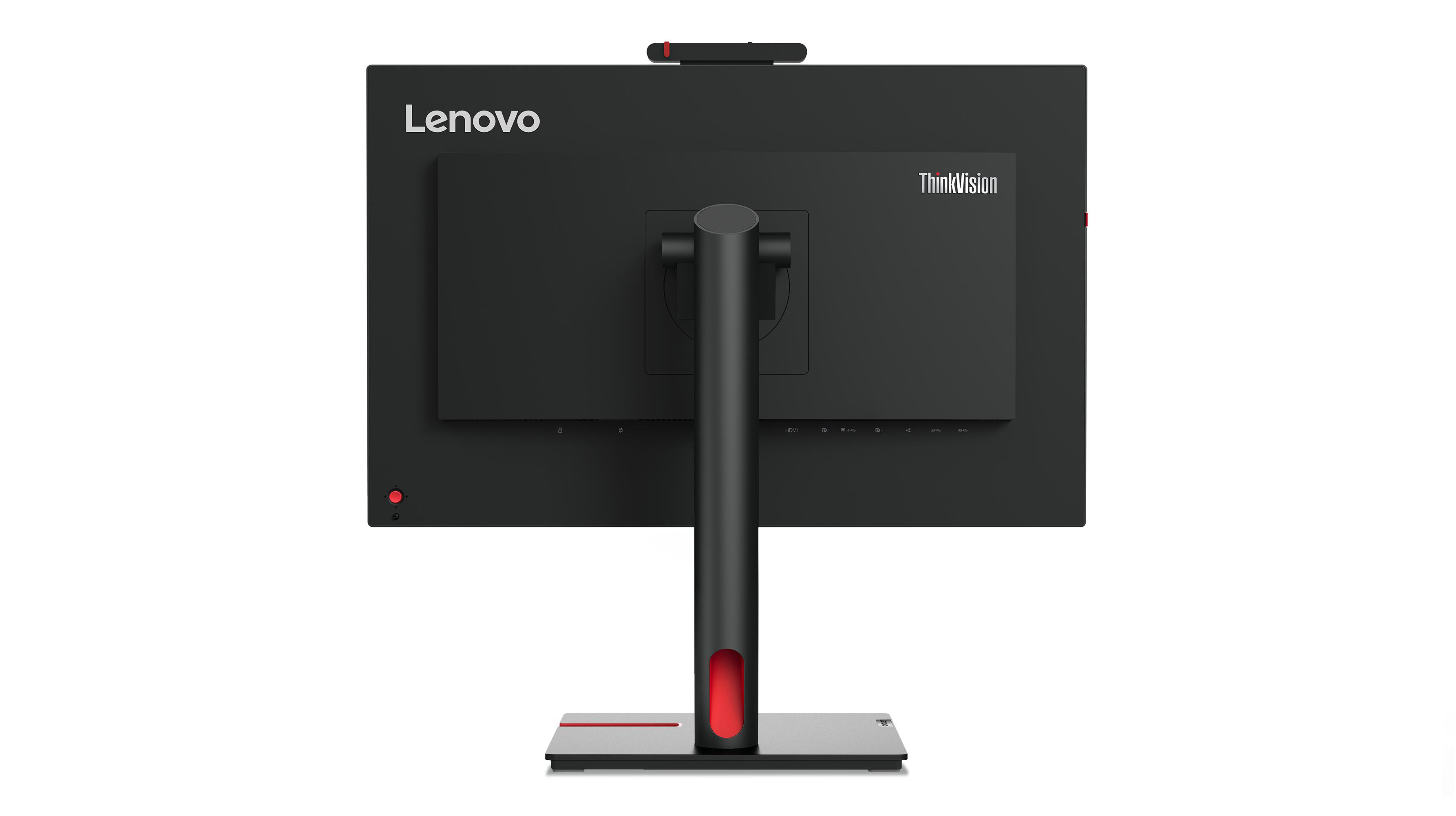 Rückansicht eines schwarzen Lenovo ThinkVision Monitors. Er hat einen Ständer mit roter Akzentfarbe, eine Webcam und Anschlüsse.
