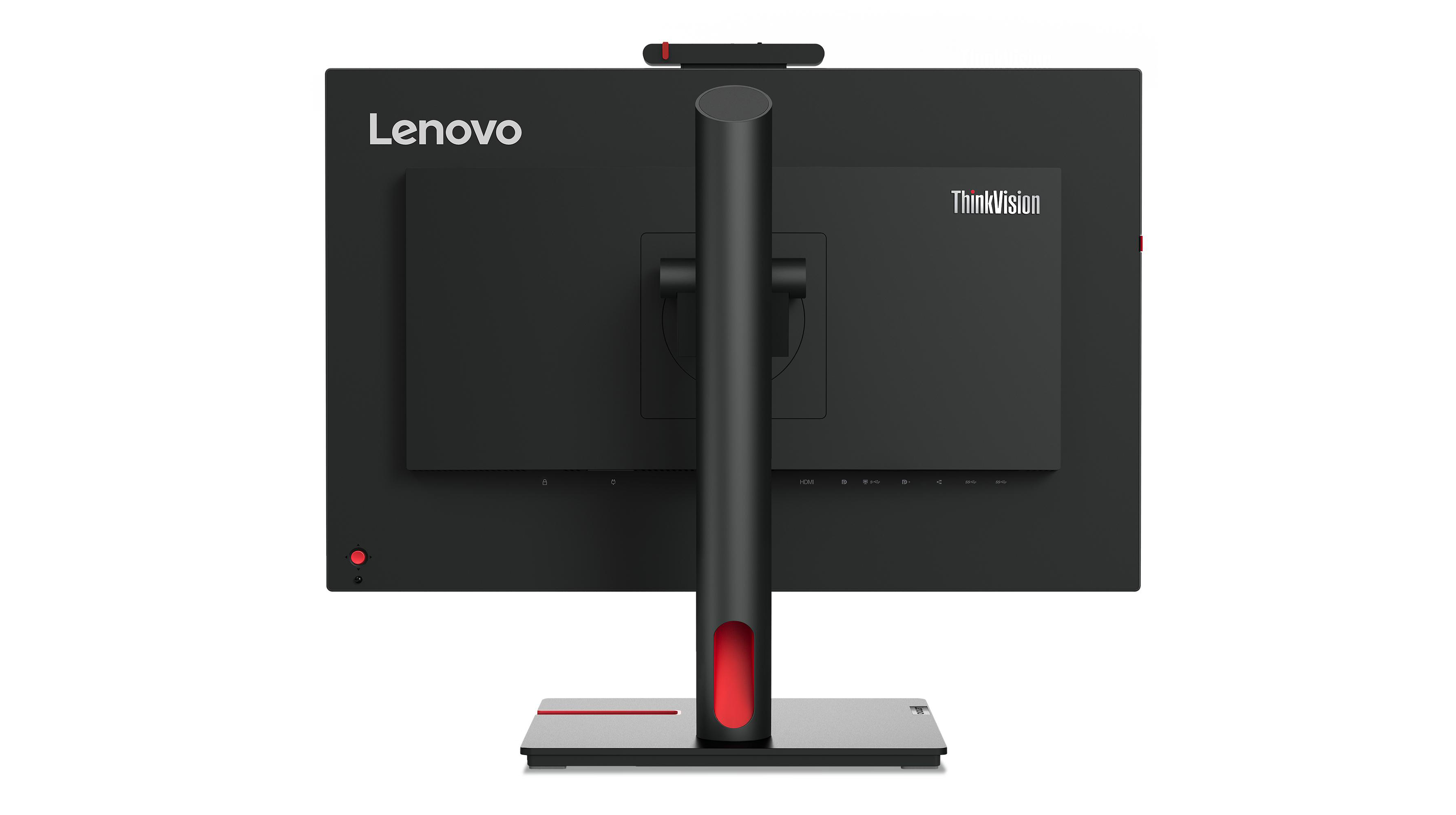Rückansicht eines schwarzen Lenovo ThinkVision Monitors. Er hat einen Ständer mit roten Akzenten. Der Hintergrund ist weiß.