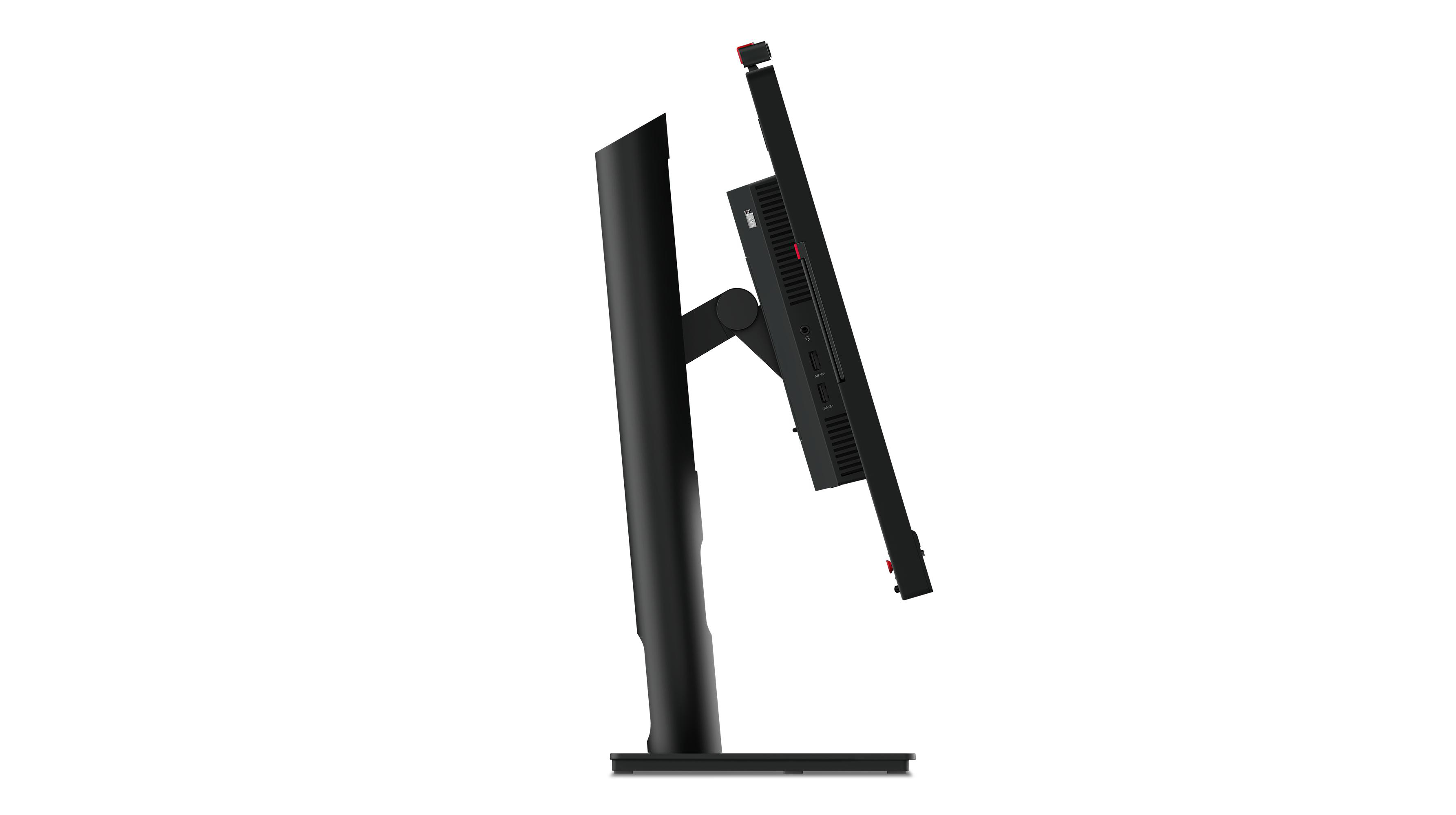 Seitenansicht eines schwarzen Monitors mit rotem Sockel. Der Monitor ist leicht angewinkelt.