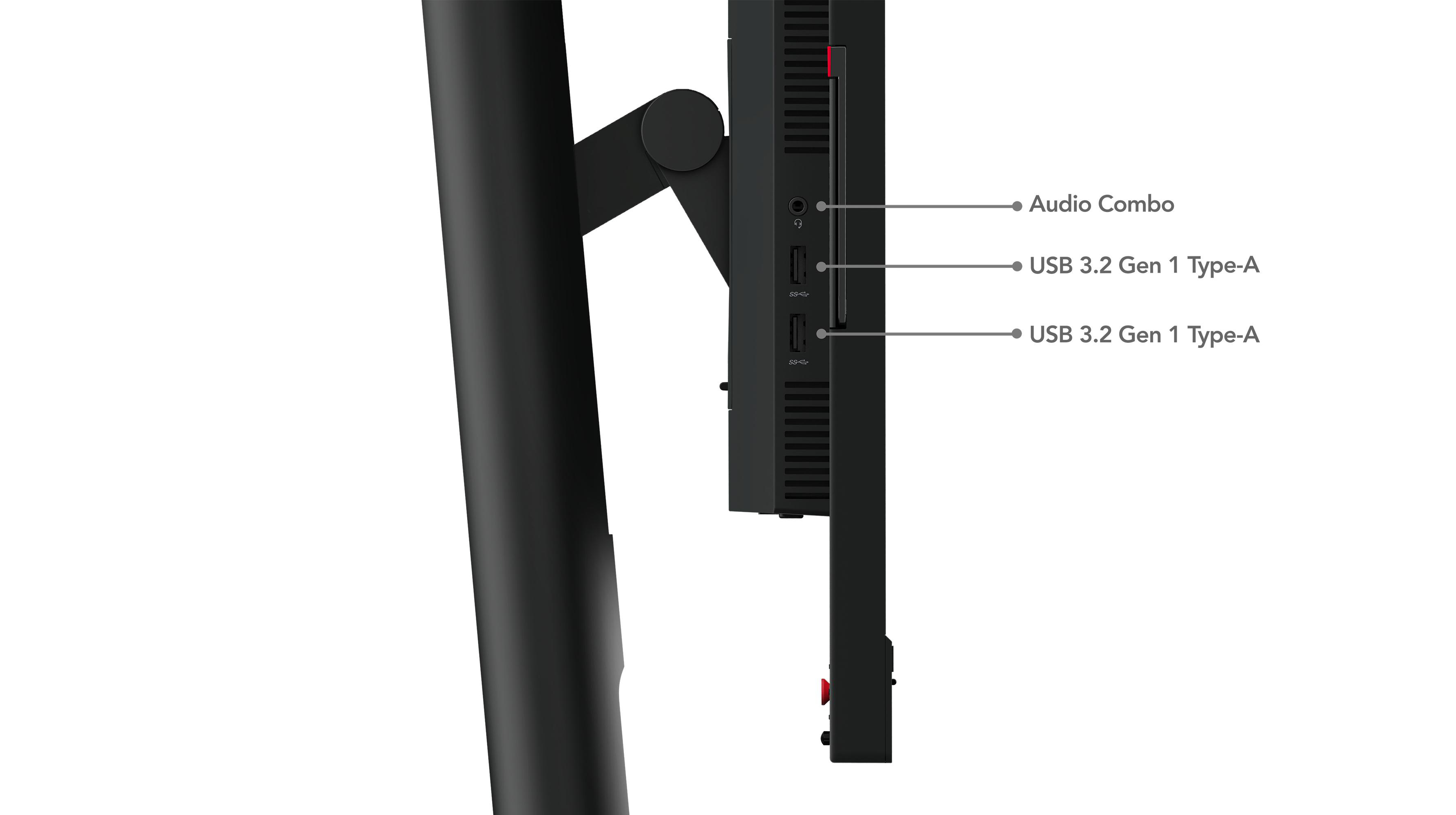 Nahaufnahme der seitlichen Anschlüsse eines schwarzen Monitors. Anschlüsse umfassen Audio, USB 3.2 und USB 3.2 Gen 1 Type-A.