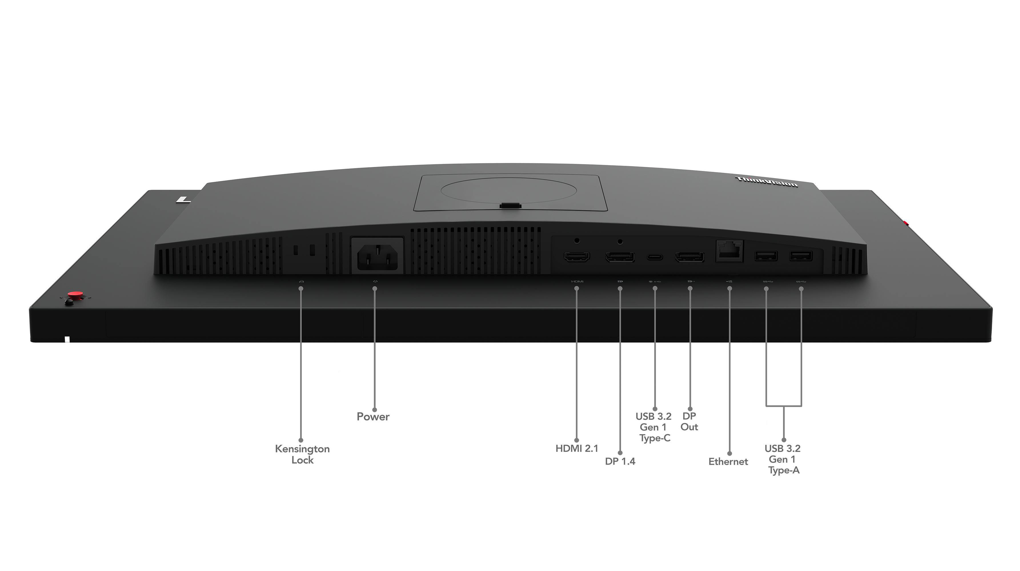 Rückansicht eines schwarzen Monitors mit verschiedenen Anschlüssen, einschließlich Strom, HDMI, USB und Ethernet. Markierter Kensington-Schloss.