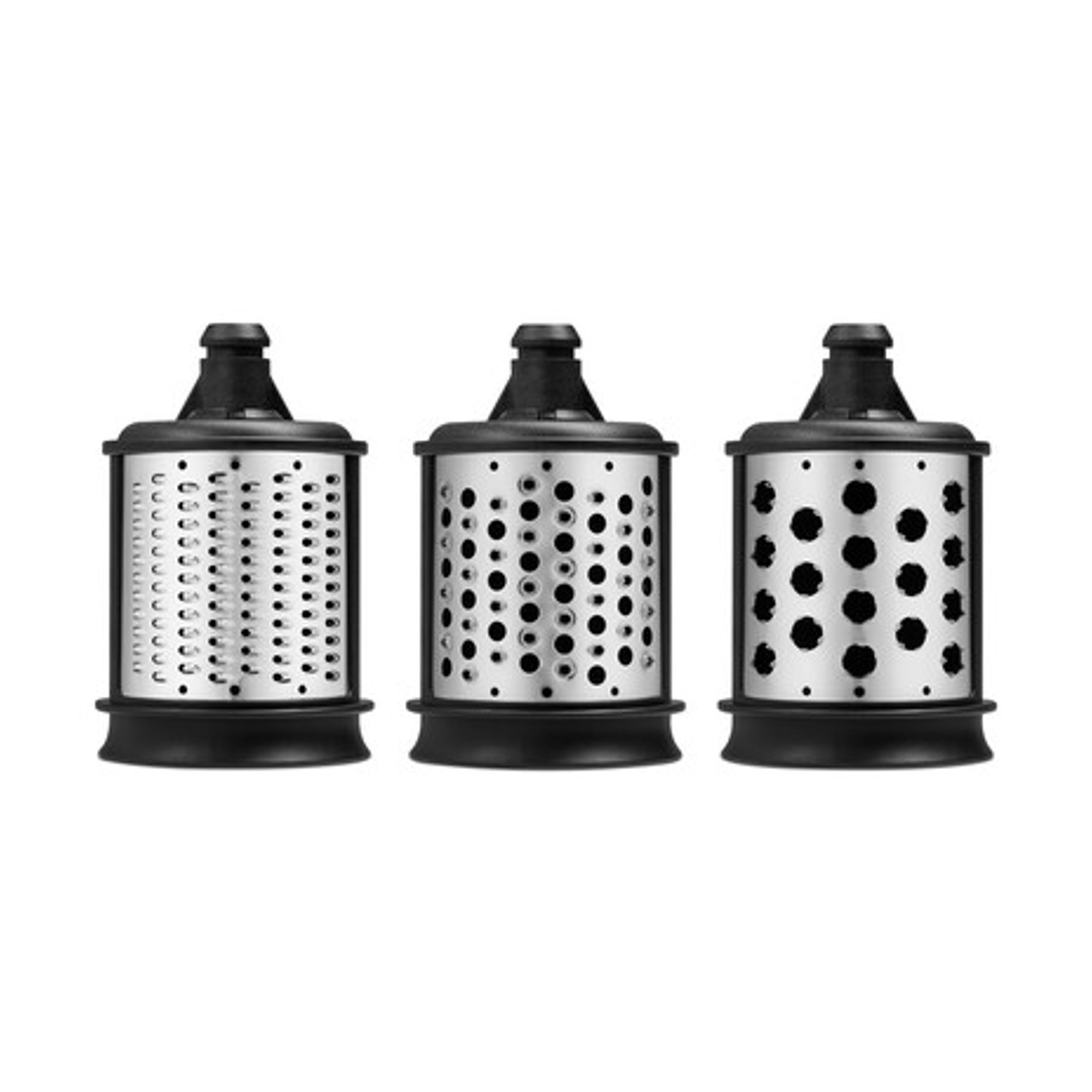 Tre accessori per grattugia da cucina in acciaio inossidabile con diversi motivi di fori, basi e coperchi neri, isolati su sfondo bianco.