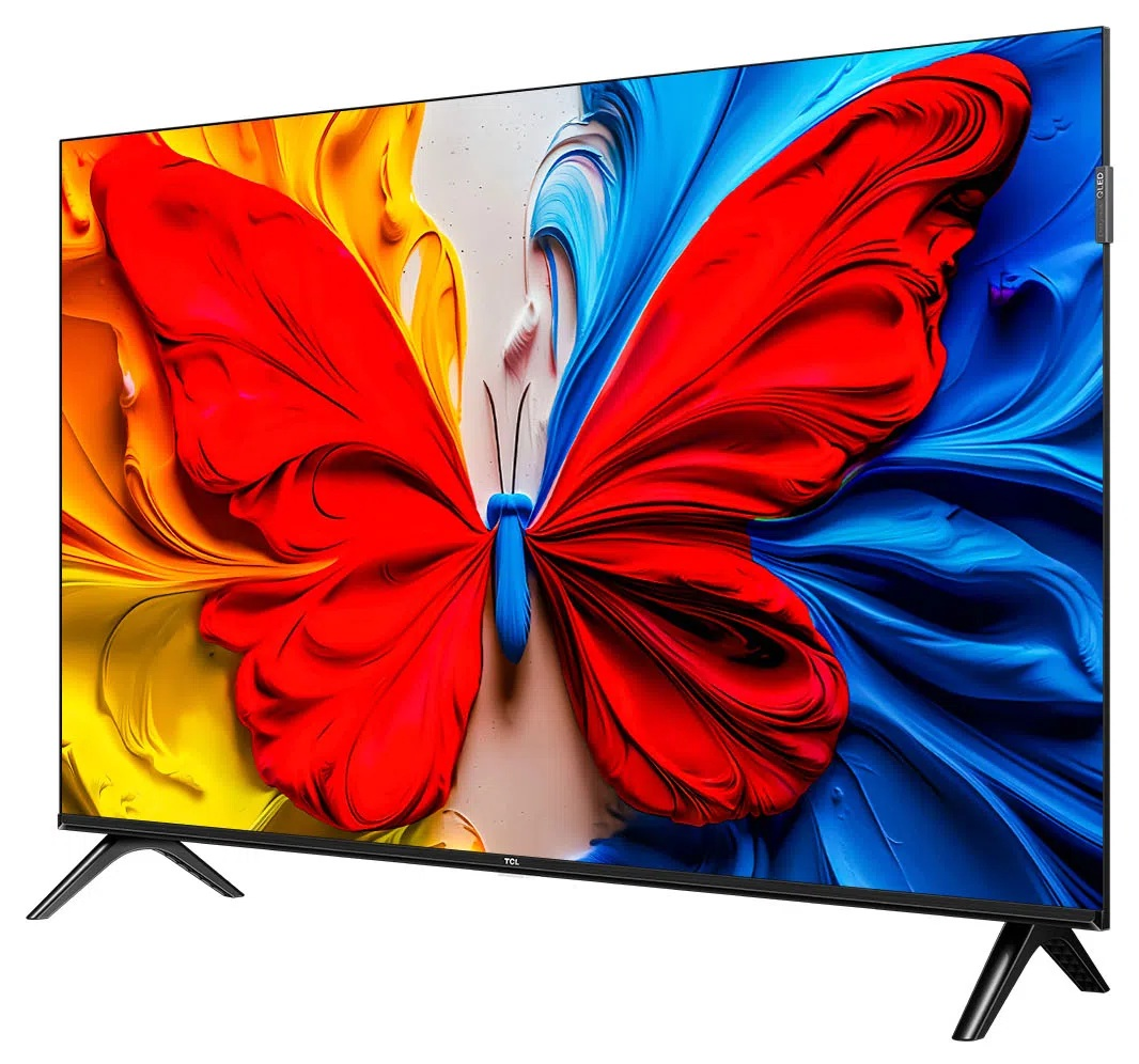 Telewizor z motylem o czerwonych skrzydłach na kolorowym tle.