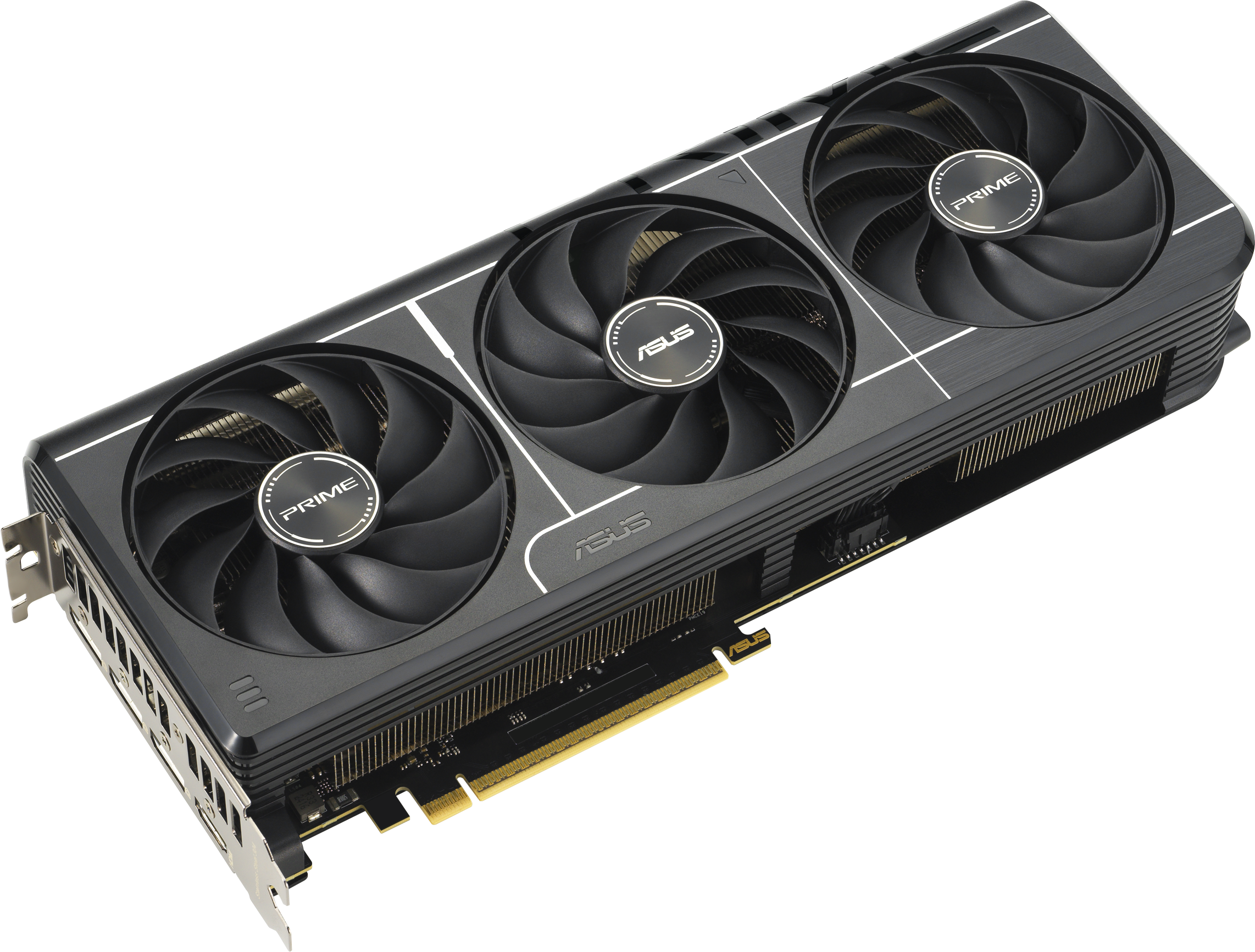 Carte graphique avec trois ventilateurs. La carte porte le logo ASUS PRIME et le mot PRIME écrit dessus.