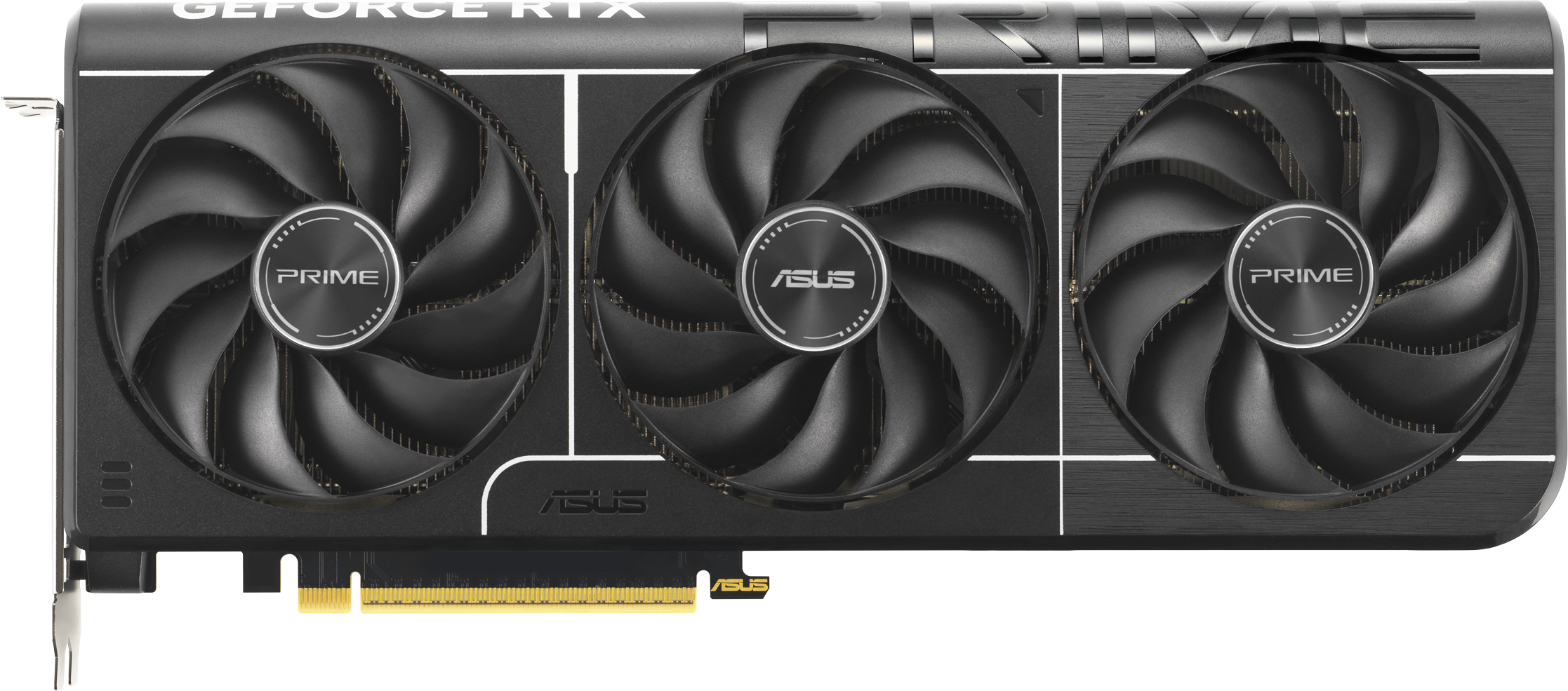 Une carte graphique noire avec trois grands ventilateurs. Les ventilateurs portent le mot "PRIME". La carte porte le mot "ASUS".