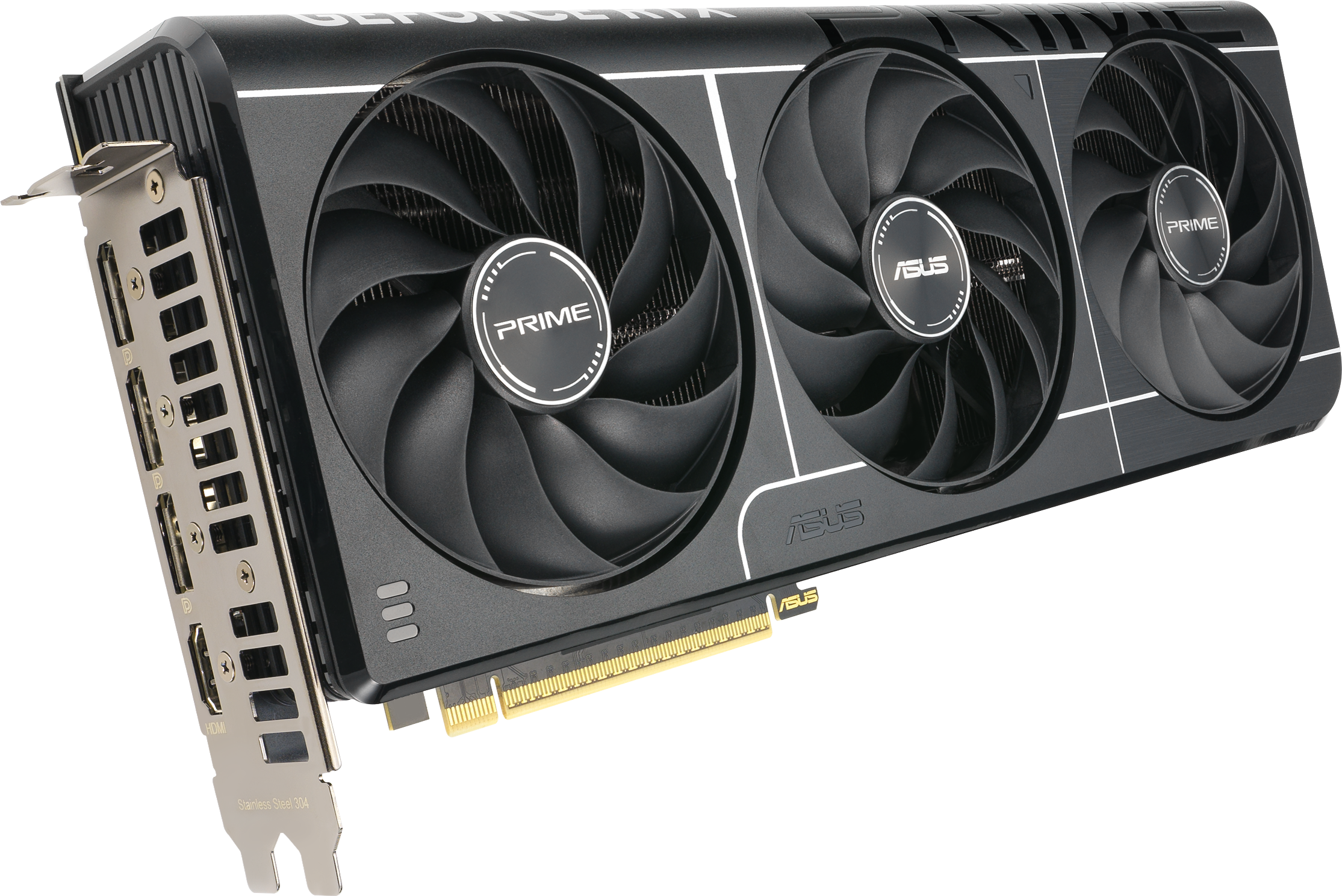 Une carte graphique ASUS noire avec trois ventilateurs est affichée sur un fond blanc. La carte possède plusieurs ports sur le côté gauche.