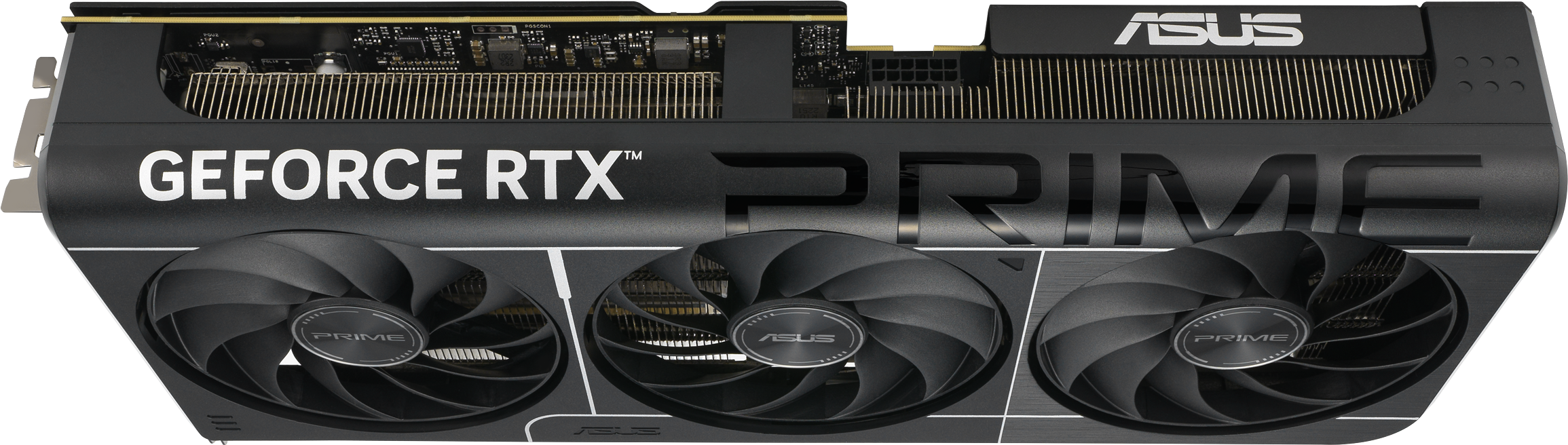 Une carte graphique noire avec trois ventilateurs, les mots "GEFORCE RTX PRIME" et le logo ASUS sont visibles.