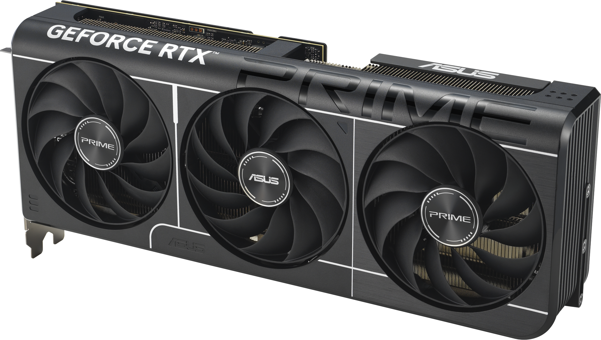 Une carte graphique ASUS GeForce RTX Prime noire avec trois ventilateurs. La carte a des accents et logos blancs, sur fond blanc.