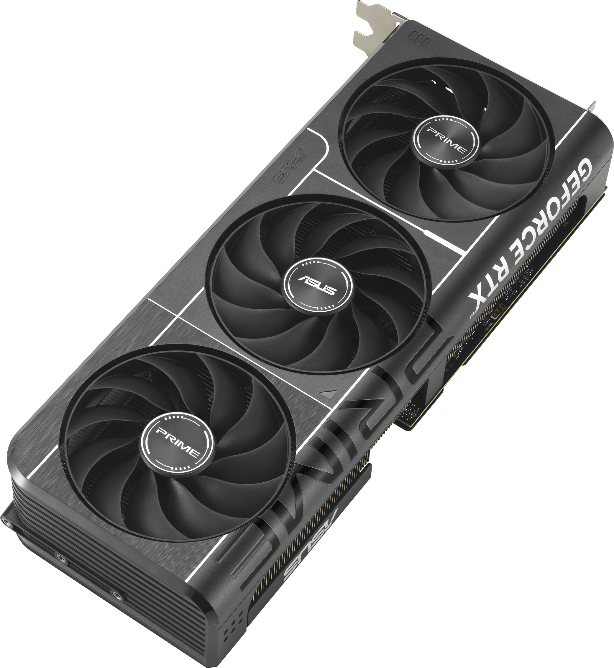 Carte graphique avec trois ventilateurs. La carte porte le logo ASUS PRIME et le mot PRIME écrit dessus.