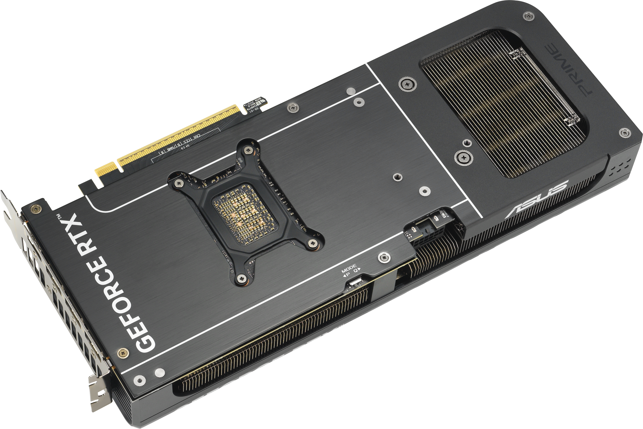 Vue de dessus d'une carte graphique ASUS GeForce RTX noire.