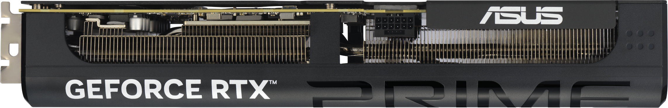 Une carte graphique noire avec le texte blanc "GEFORCE RTX PRIME" et "ASUS". Elle possède un système de refroidissement doré et argenté.