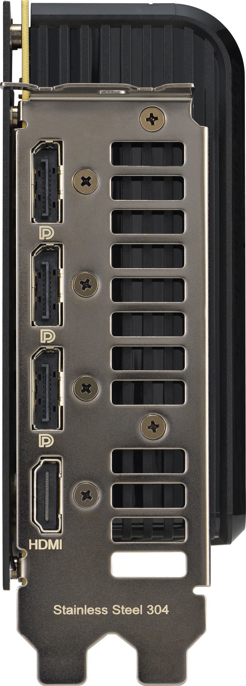 Vue latérale d'une carte graphique. Elle possède des ports HDMI et les mots Acier inoxydable 304 y sont écrits.