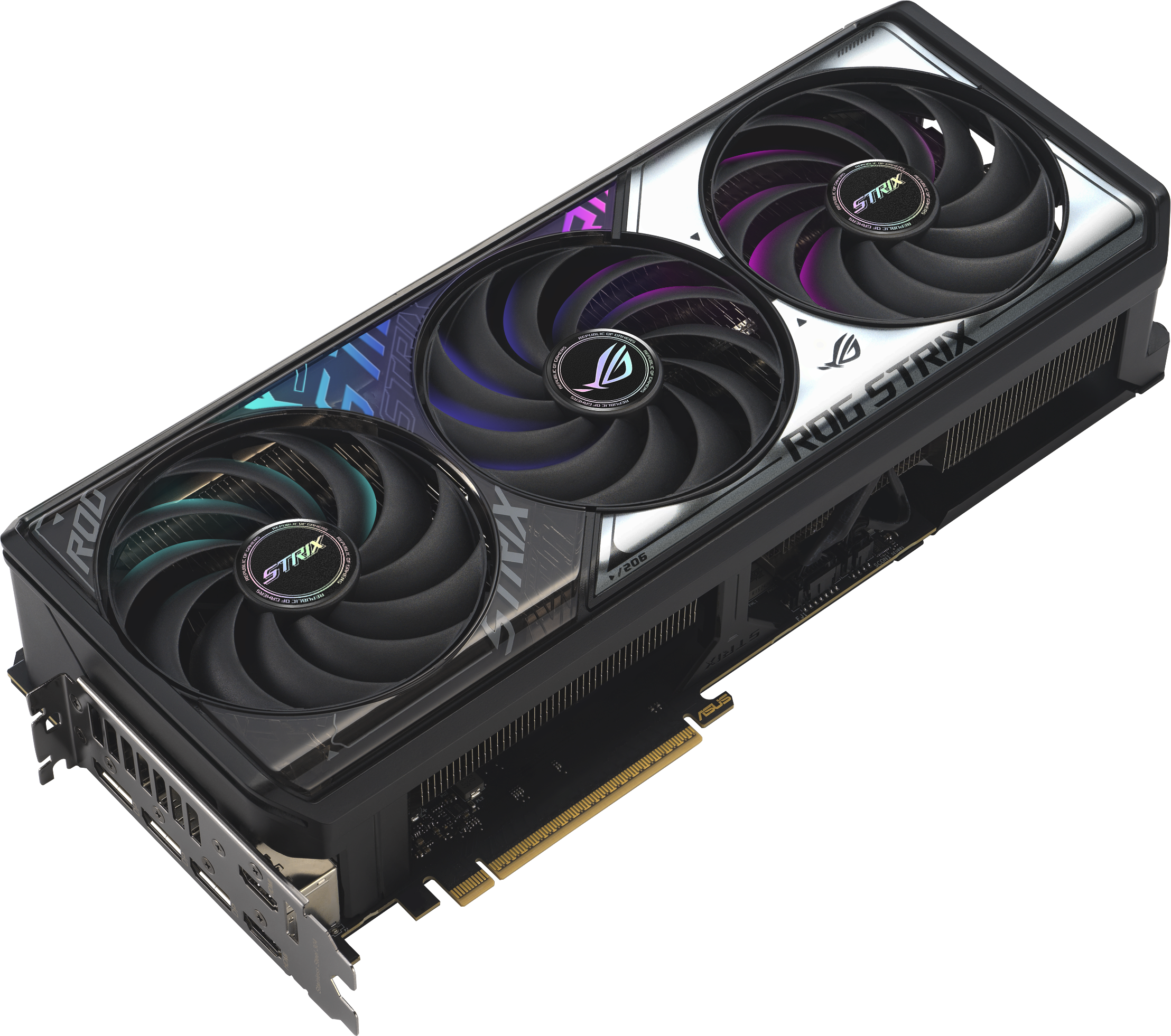 Carte graphique haut de gamme avec trois ventilateurs, marque ROG Strix et design noir et argent.