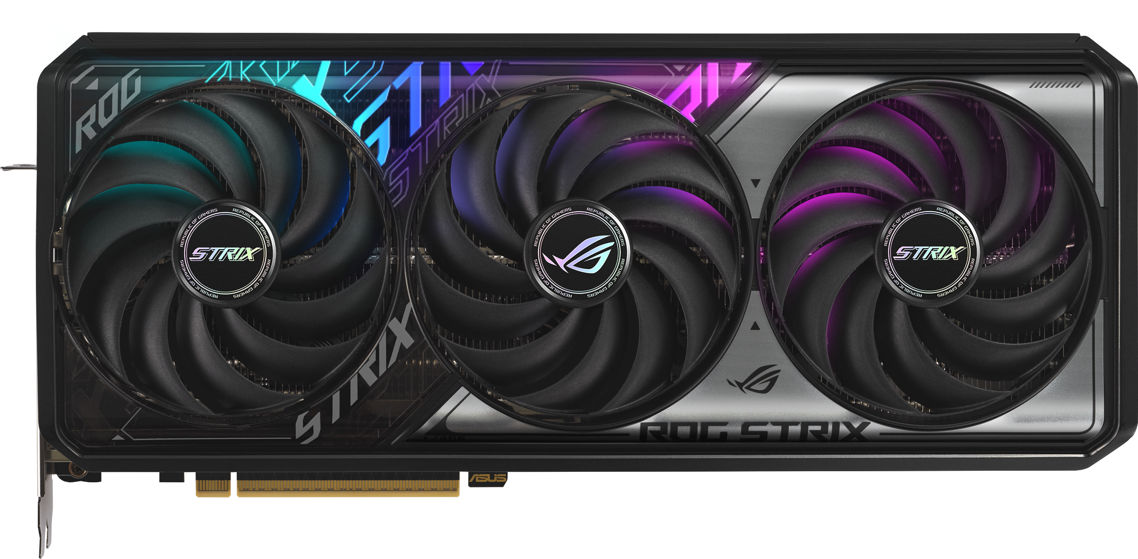 Carte graphique avec trois ventilateurs. Elle porte la marque ROG STRIX et ASUS. Éclairage noir, argent et RVB.