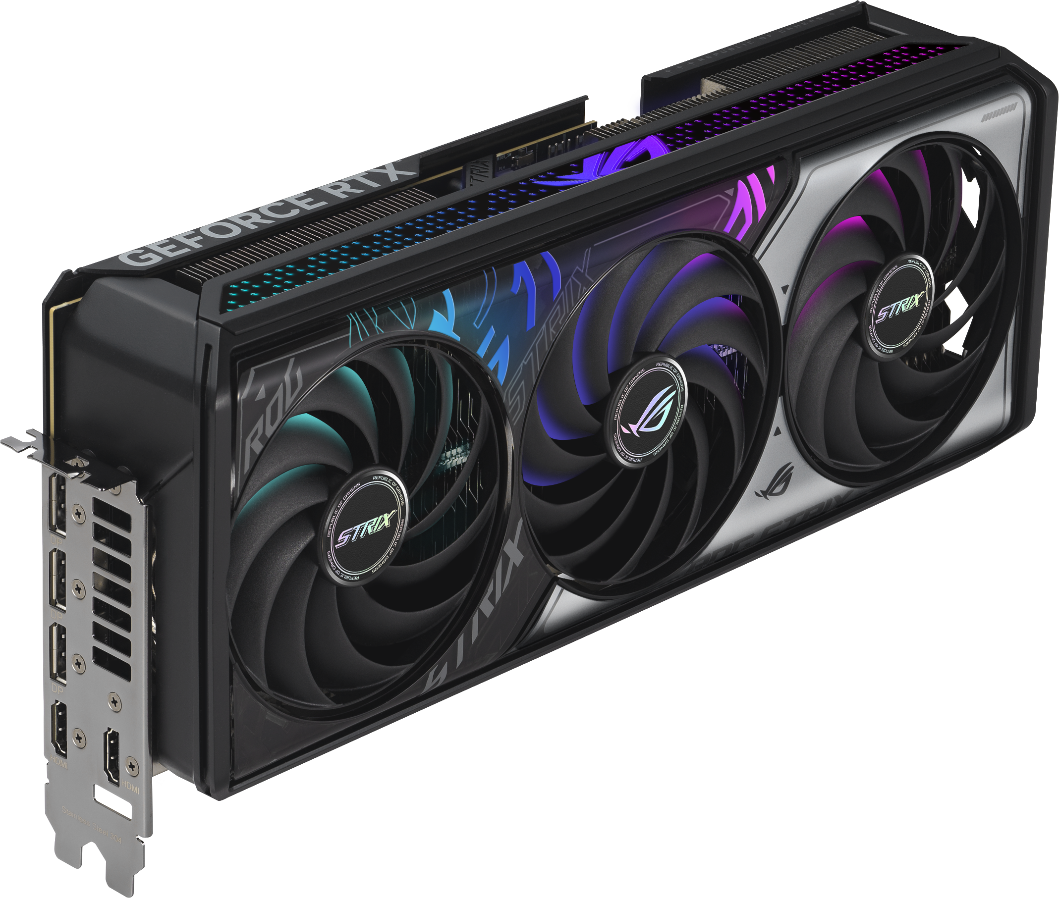 Carte graphique avec trois ventilateurs. Elle porte la marque ROG STRIX et ASUS. Vue latérale avec ports visibles.