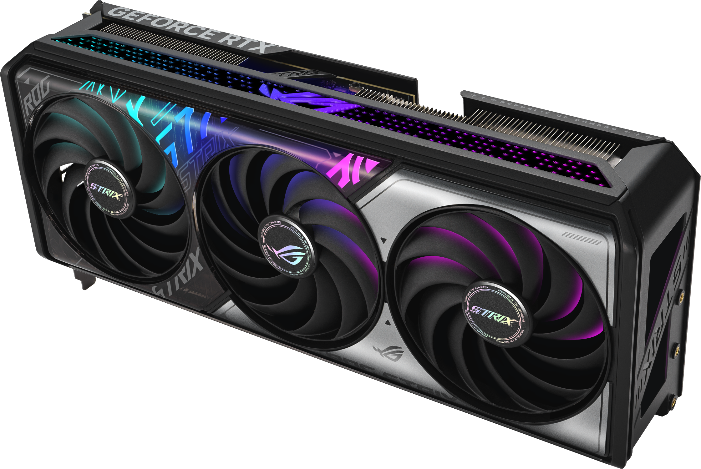 Une carte graphique ROG Strix GeForce RTX 4090 avec trois ventilateurs et éclairage RVB.
