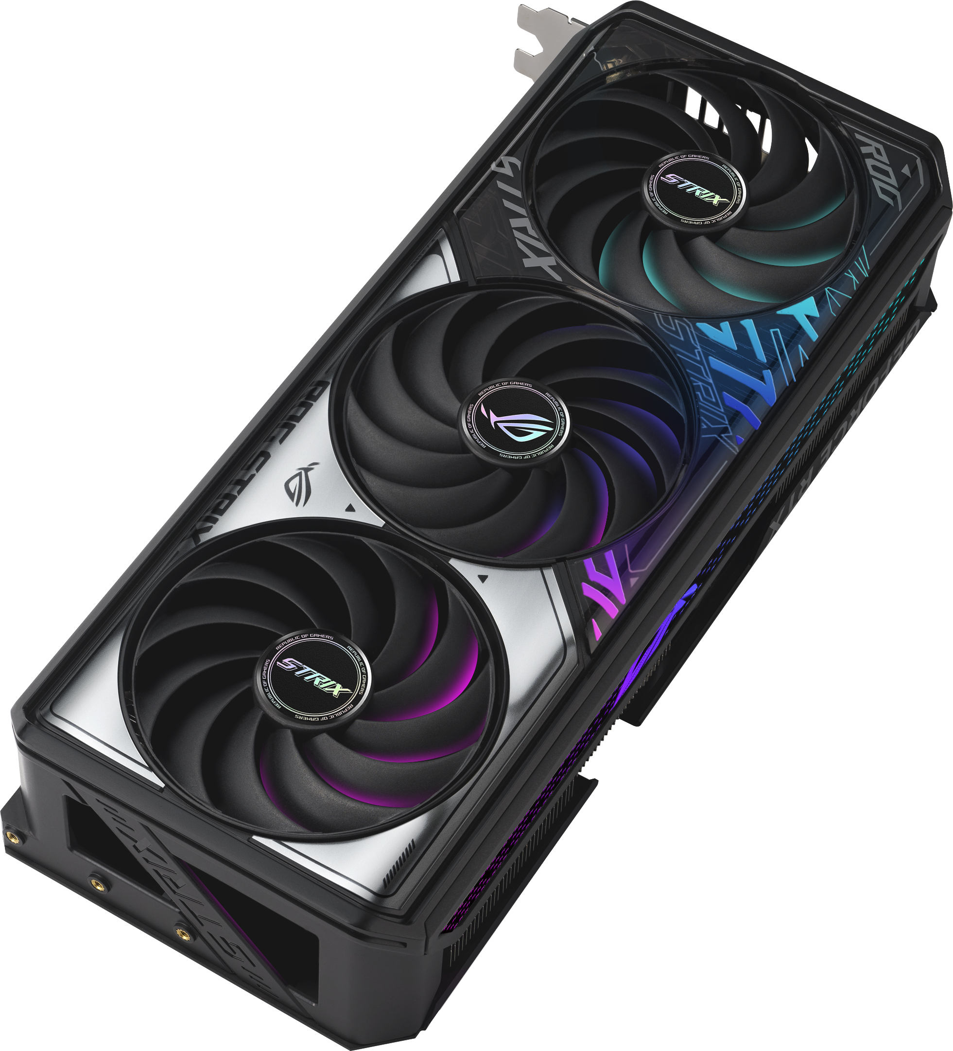 Une carte graphique avec trois ventilateurs et la marque ROG STRIX est présentée.