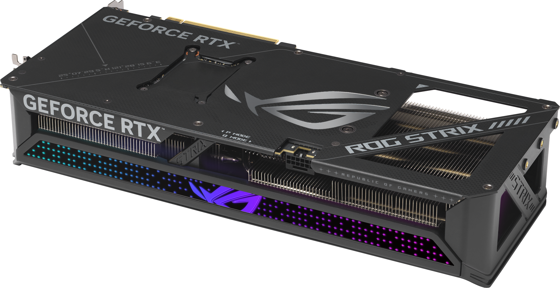 Carte graphique noire et grise avec marques ROG STRIX et GeForce RTX, éclairage RGB.