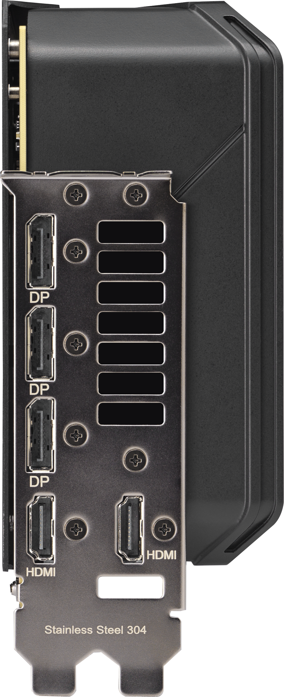 Gros plan d'une carte graphique d'ordinateur. Il possède plusieurs ports étiquetés DP et HDMI. La carte est grise, avec un boîtier noir.
