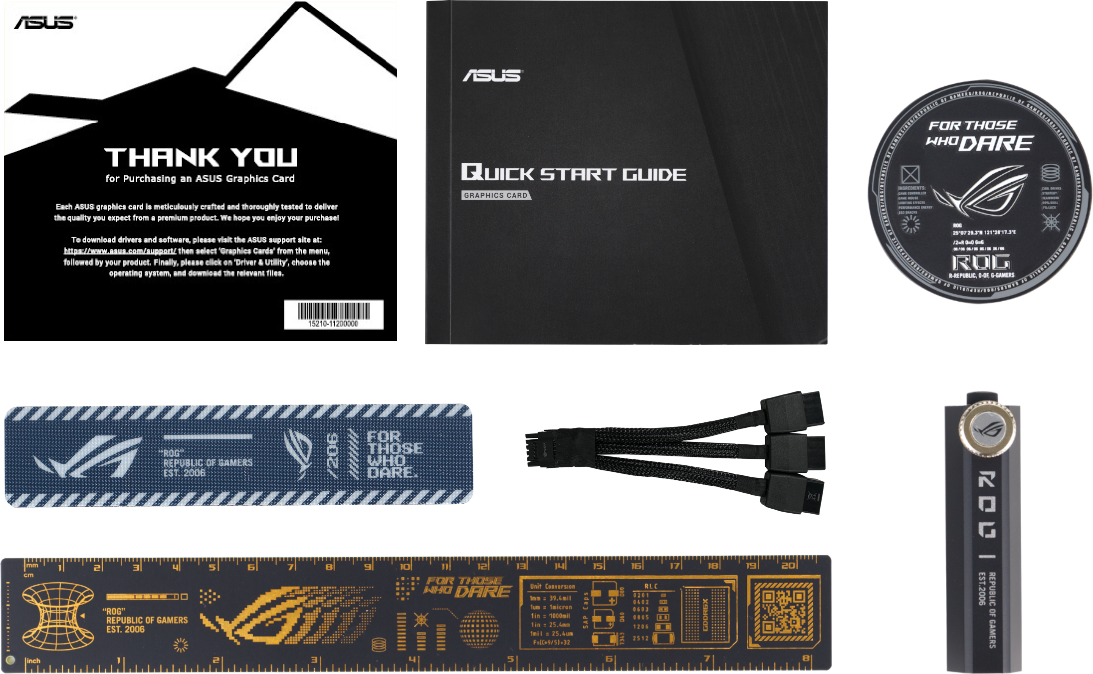 Accessoires pour carte graphique. Comprend des manuels, des autocollants et une règle.